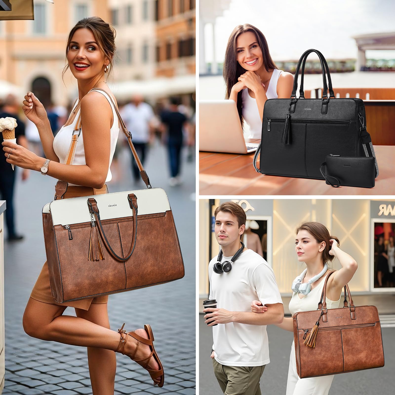 Shrrie Bolsa para Portátil Mujer 15.6 Pulgadas, Bolso de Cuero PU Impermeable con Correas Dobles y Bolso Embrague, Bolso Bandolera Shopper Multiusos para Oficina Universidad Trabajo Diario