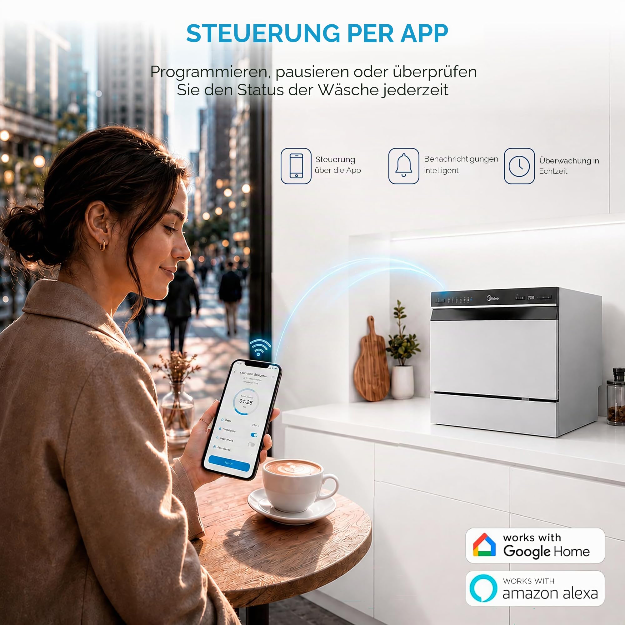 Midea Kleiner Geschirrspüler, Weiß, 55 cm, für 6 Personen, kompakt und tragbar, ohne Installation, Spülmaschine mit App Control, 6 Programme, antibakterieller Filter 49 dB, neues Modell