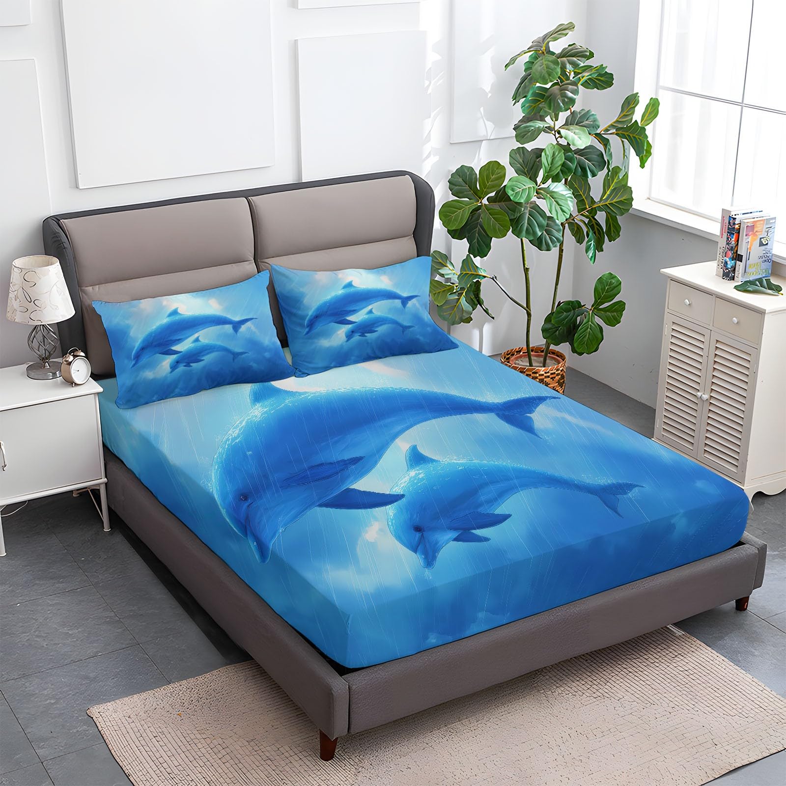 Prześcieradło z gumką 180 x 200 cm, styl anime delfiny i niemowlęta, prześcieradło z gumką 180 x 200 cm, duża czapka 30 cm, komplet pościeli z mikrofibry, zestaw pościeli dla dzieci z 2 poszewkami na