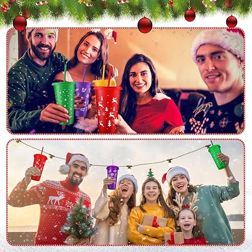 Miniatura 4 de 12 vasos de plástico de Navidad con tapas y pajitas a granel, vaso de plástico grueso de 6 colores de 24 onzas con tapas y pajillas, vasos