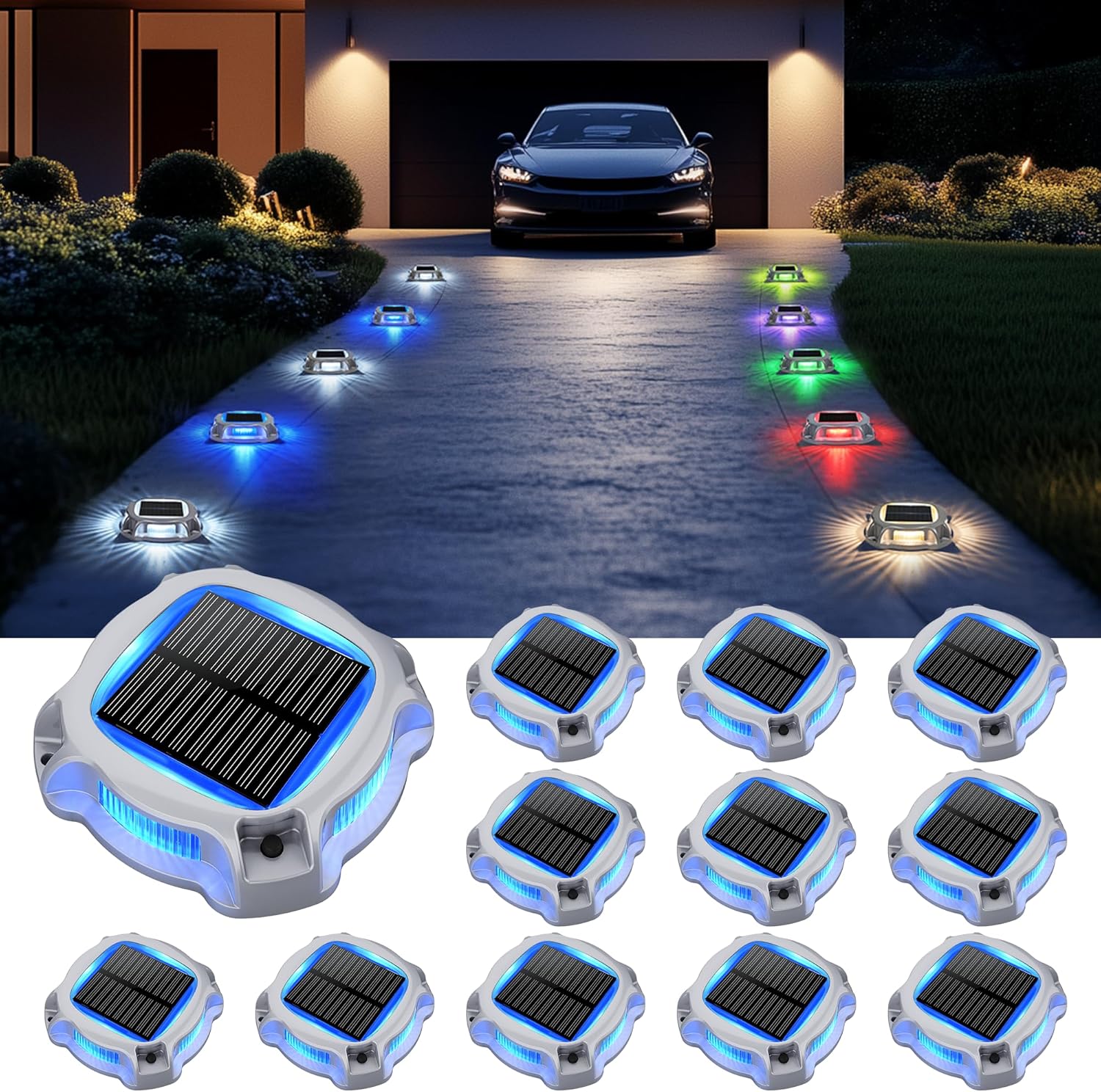 SOLPEX Solar Deck Dock Lights Outdoor 12 Pack, Color Changing Solar Powered Light, Driveway Lights, Waterproof for Step, Sidewalk, Path, Garden, Yard