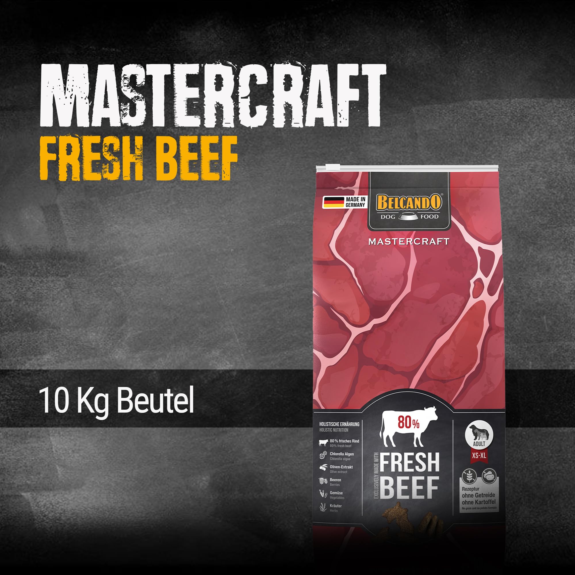 BELCANDO MASTERCRAFT Hundefutter trocken Fresh Beef, 10kg, Trockenfutter für Hunde mit Rind, 80% Frischfleisch, getreidefrei, für alle Rassen, Made in Germany