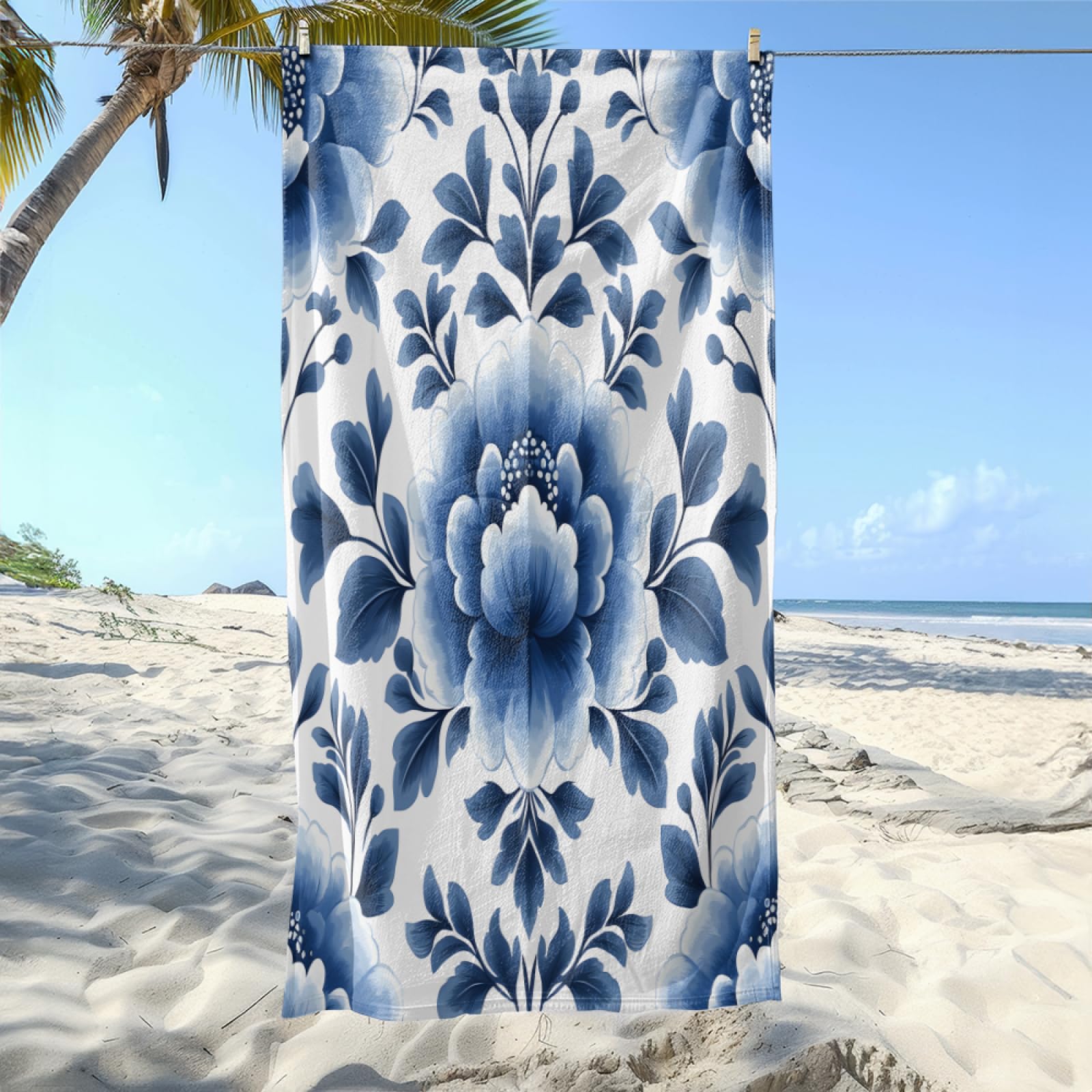 Toalla Playa Patrón De Flores Azules Toalla Playa Grande Piscina Microfibra Toallas Baño Sin Arena Beach Towel Absorbente Secado Rápido Toallas de Baño Ducha para Viajes,Natación,Camping 150x200cm