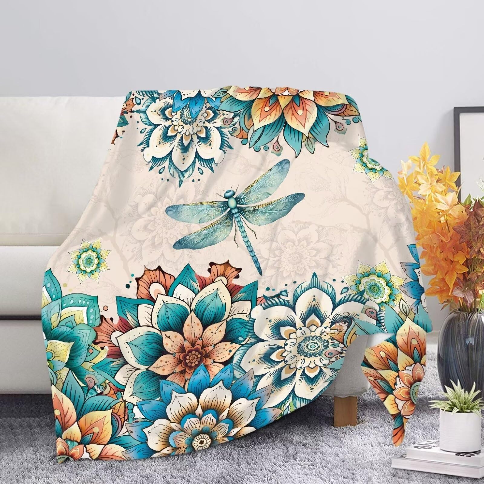 Allcute Tribal Floral Dragonfly Blanket Print Sofa Throws for Winter Fall Throw Blanket Green Lightweight Warm Flannel Fluffy Blankets for Couch Bed Living Room Decor — image 1