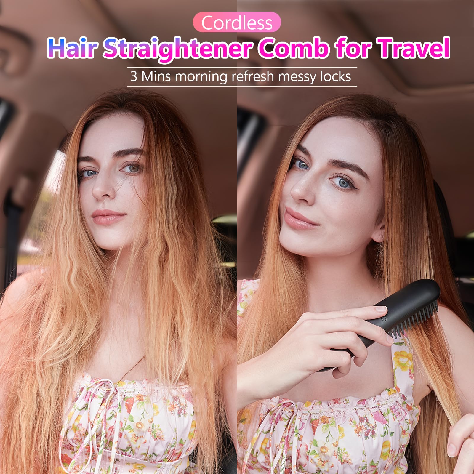 Rizador de pelo inalámbrico con pantalla LCD 2 en 1, mini cepillo portátil para alisar el cabello para viajes, iónico negativo, calentamiento rápido, peine caliente para mujeres, cepillo 4