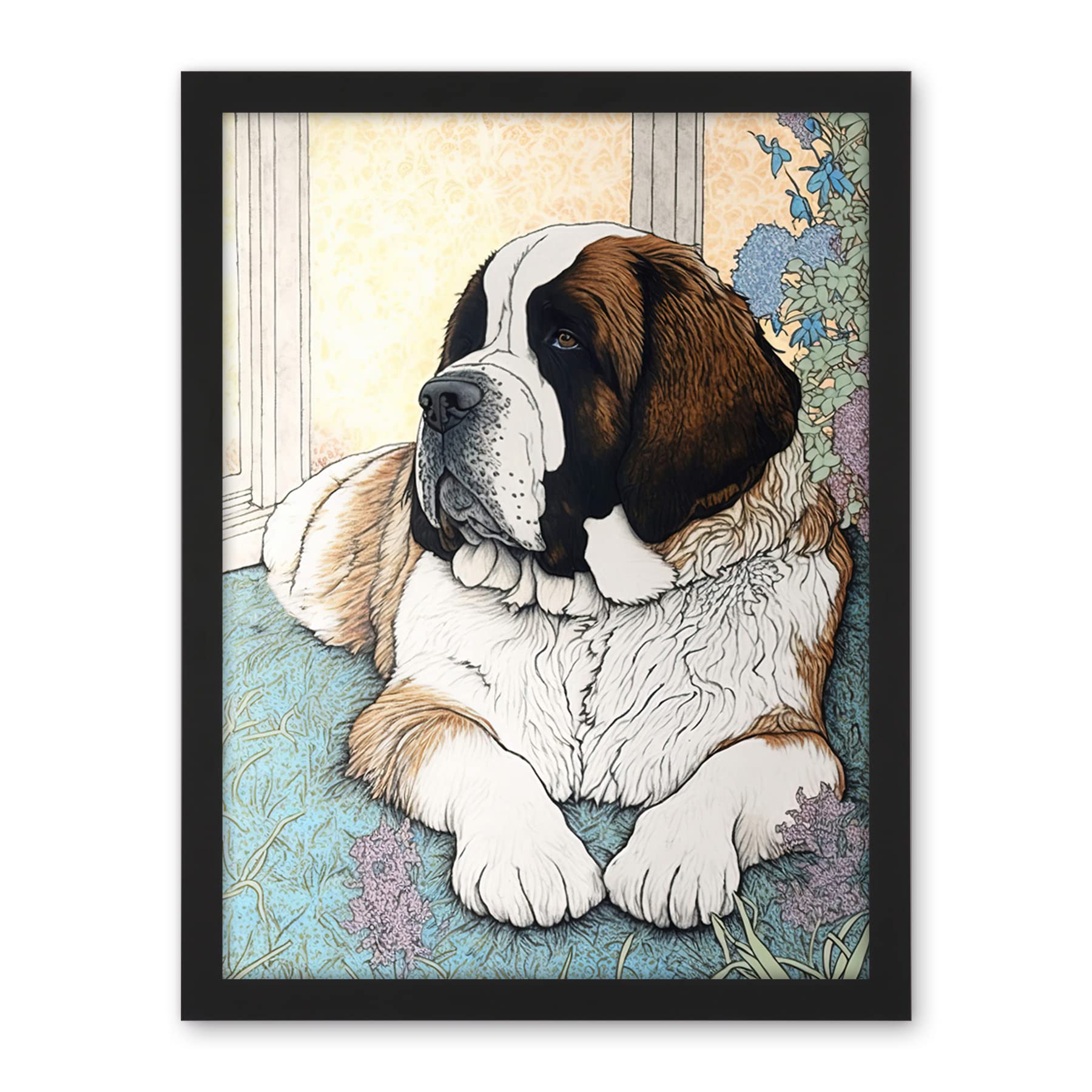 Artery8 St Bernard Dog Lying by Flower Pot Modern Bright Multicoloured Illustration Artwork Framed Wall Art Print 18X24 Inch
