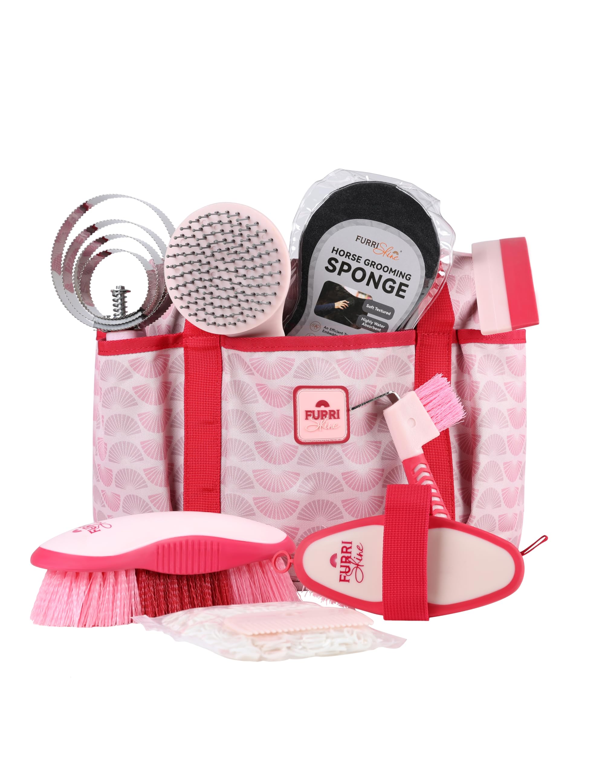 Furrishine 9PCS Horse Grooming Kit Curry Comb Sweat Scraper Horse Bathing Supplies Grooming Tools with Storage Bag Pink Garnet