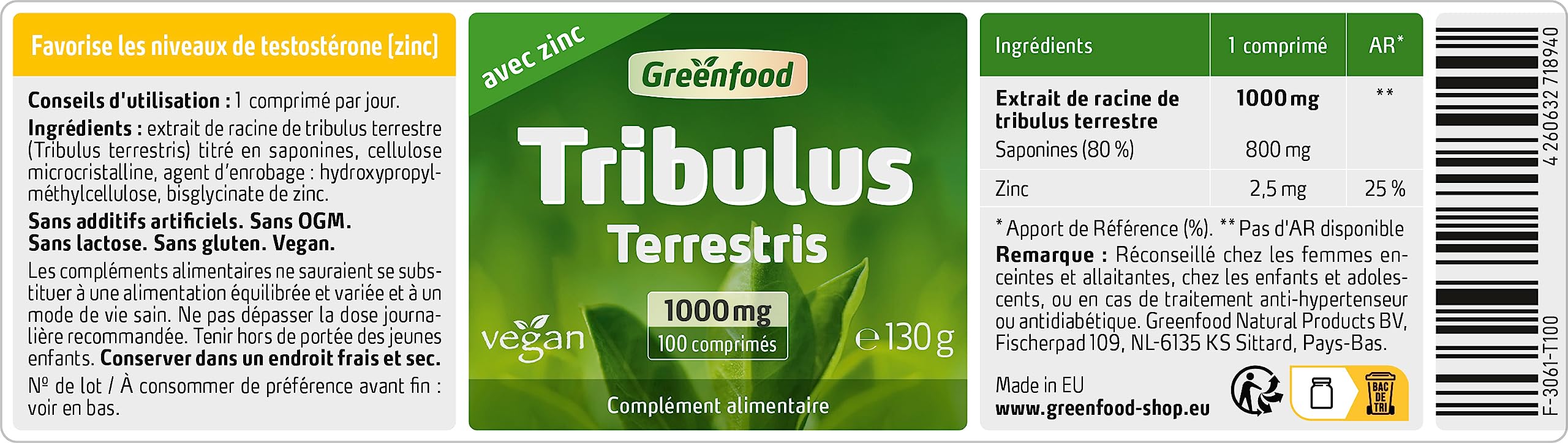 Greenfood Tribulus, 1000 mg, extrait à dose élevée, 100 comprimés. Sans additifs artificiels. Sans génie génétique. Vegan.