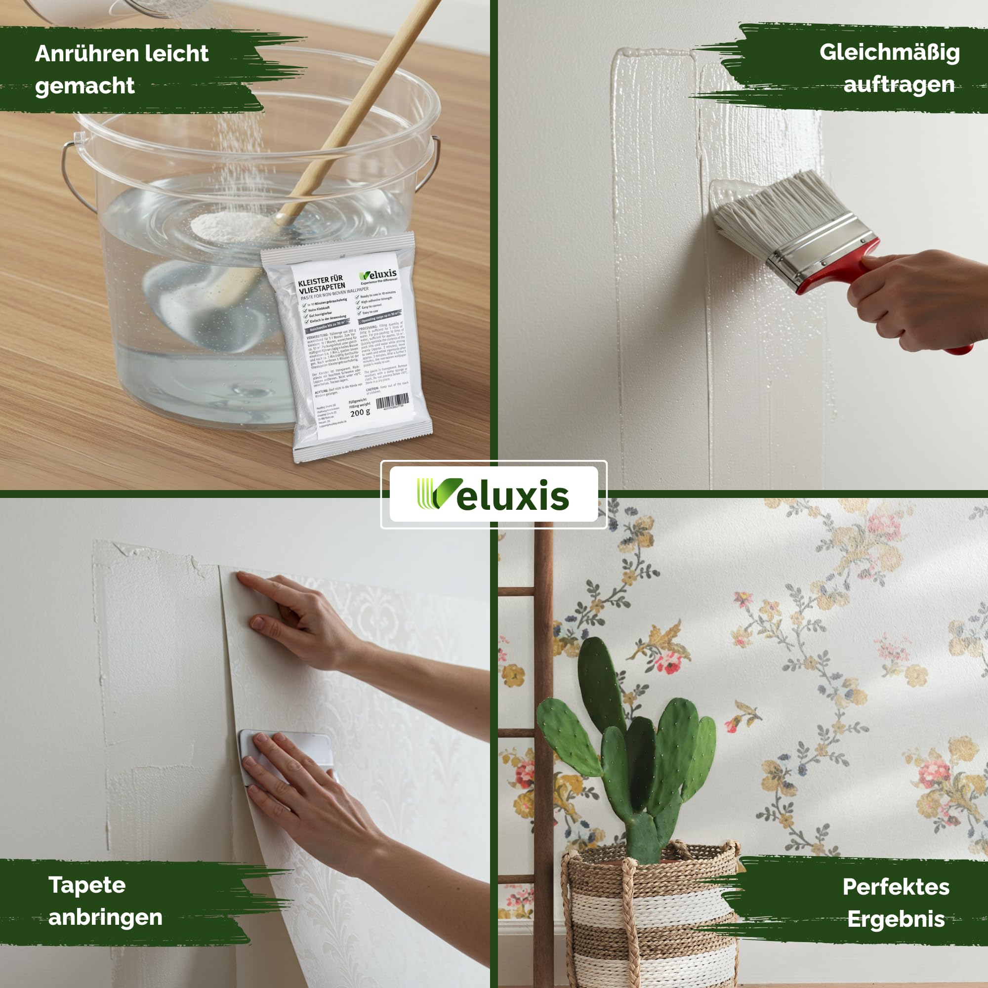 Tapetenkleister Vliestapetenkleister – Kleister Vliestapete, 1 Beutel für 30 m², fleckenfrei & korrigierbar, gebrauchsfertig in 10 Min – Veluxis