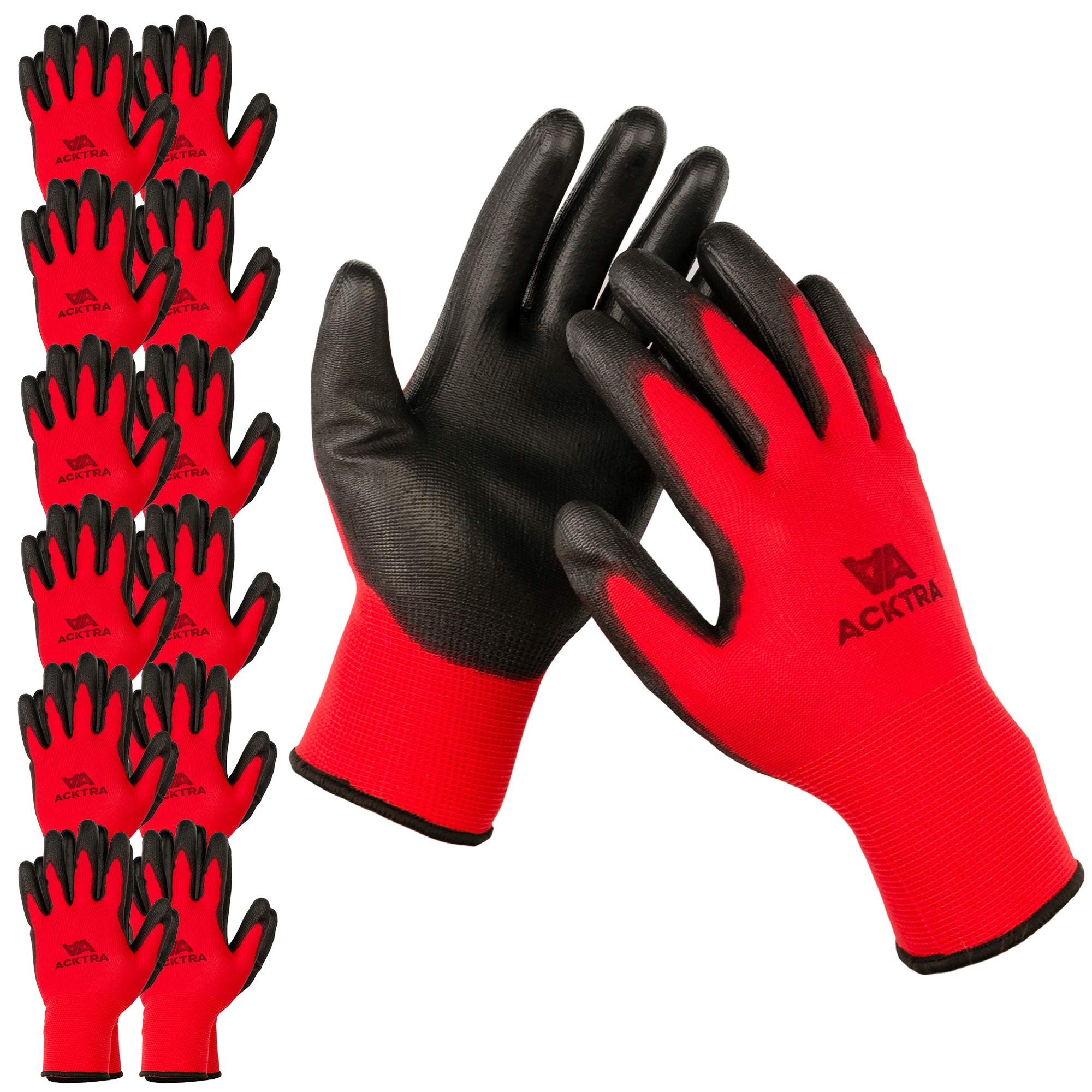 ACKTRA Ultra-Thin PU Safety WORK GLOVES 12 Pairs, WG002 Red/Black, Large