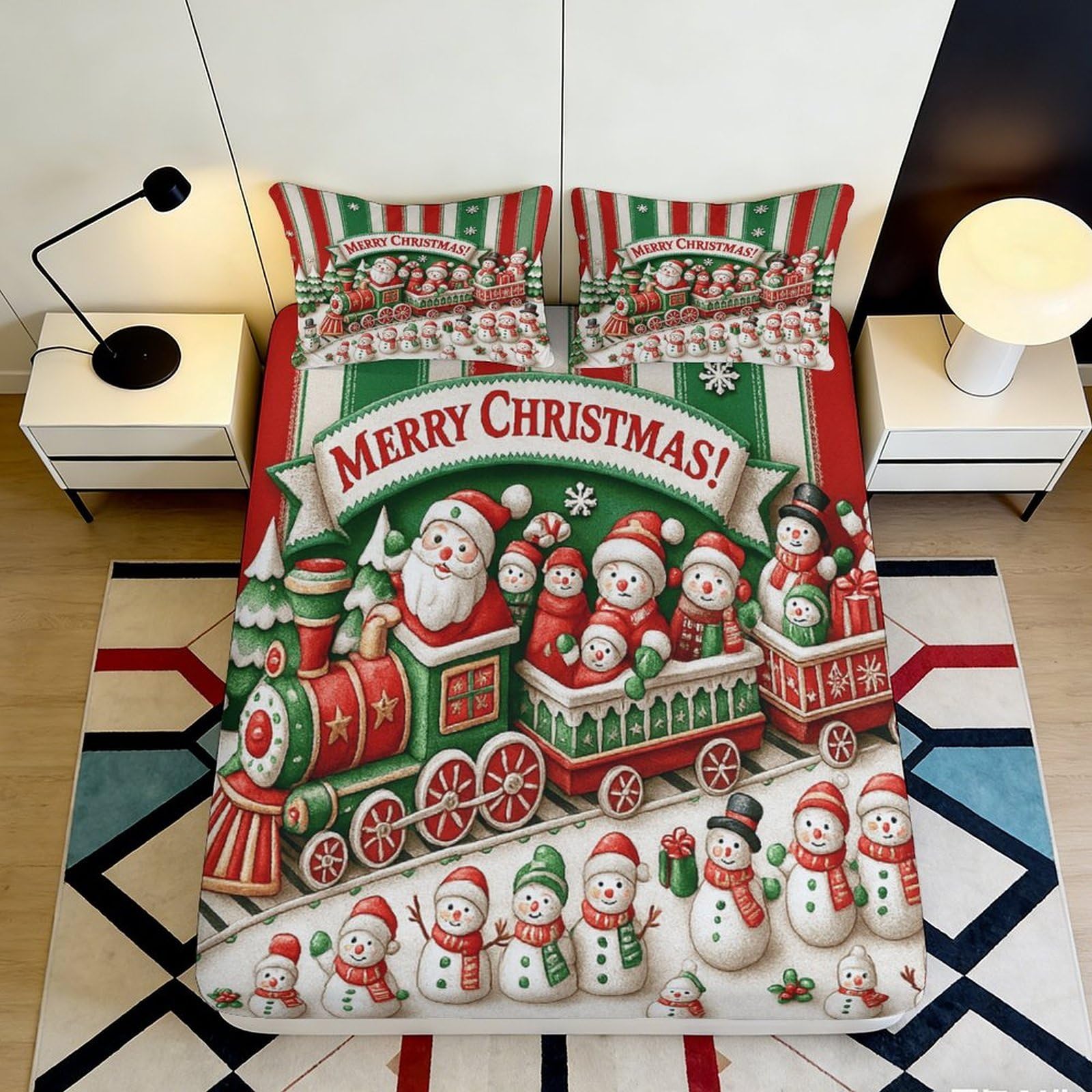3D Printed Christmas Santa Claus Fitted Sheet Microfiber Red Green Bed Cover Festive Decor for Bedroom Guest Room 90x200x25cm