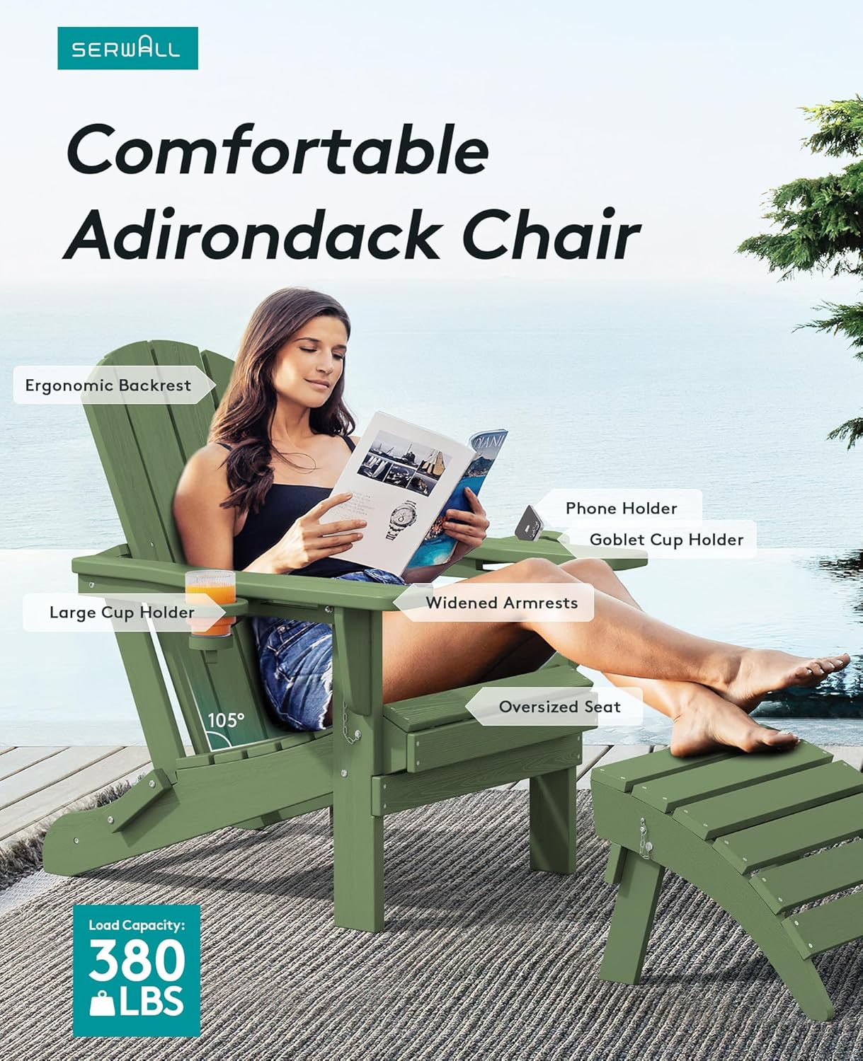 SERWALL Adirondack Chair with Cup Holders - Composite Adirondack Chairs Set of 2 HDPE Outdoor Chairs All Weather Use- Avocado