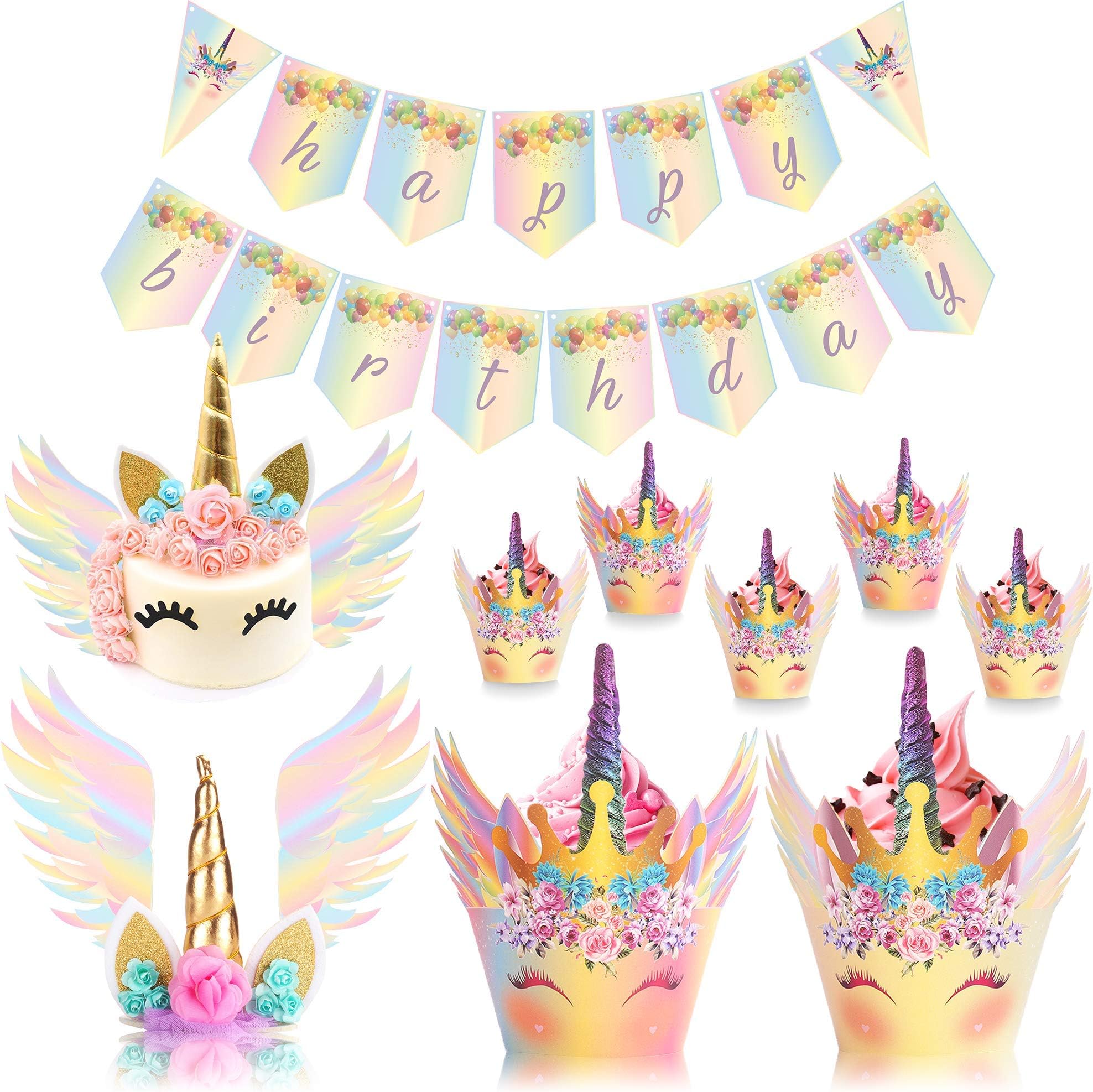 UnicornLifestyle Unicorn Cake Topper with Eyelashes Rainbow |30 Pack| 24pcs Unicorn Cupcake Topper, Birthday Banner | Unicorn Cake Wings | Baby Shower, Kids Unicorn Party Supplies, Bridal Wedding