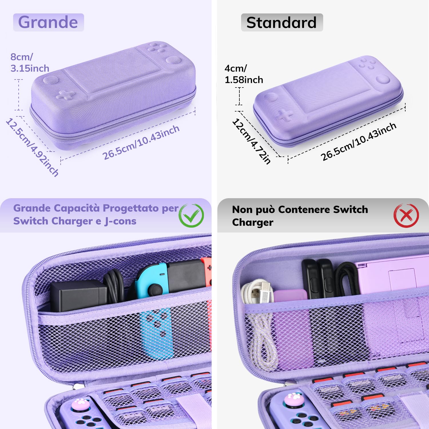 Younik 14 in 1 Bundle di Accessori per Switch, Custodia Grande per Switch 2017, Custodia da Viaggio per Switch Adatta alla Console, Impugnatura J-con, Adattatore AC (Viola, Motivo a Bottoni) - 3