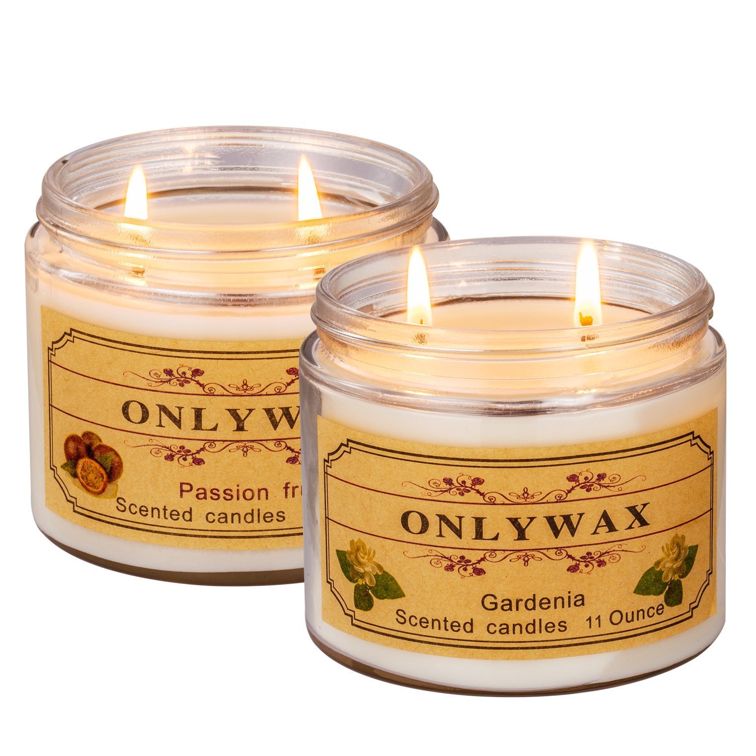 Scented Candles Gift Set - Passion fruit and Gardenia, 2 Wick Jar Glass Soy Wax Candle, 11 oz/Each, Outdoor and Indoor