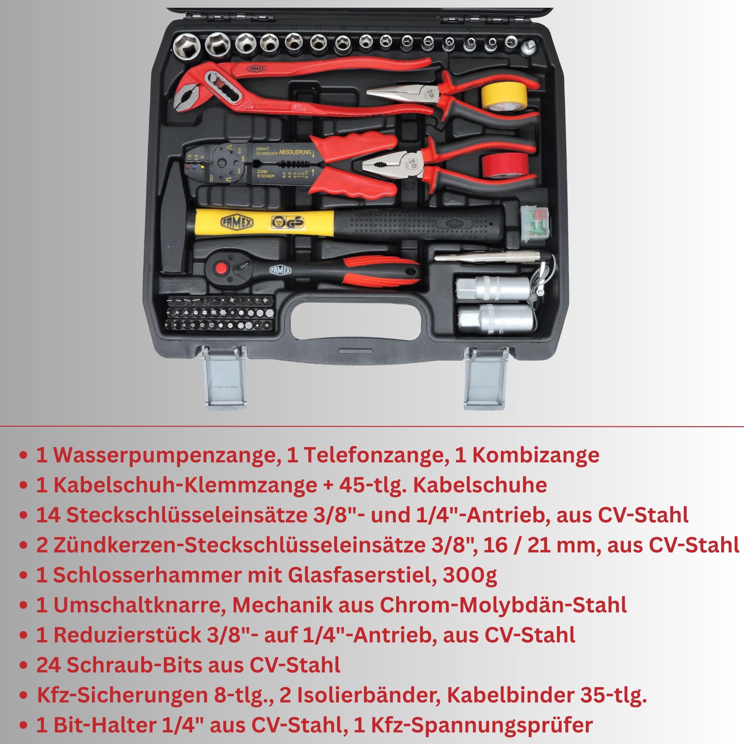 FAMEX 144-50 Werkzeugkoffer gefüllt bestückt mit hochwertigem Werkzeug Set - mit Steckschlüsselsatz, alle Schraubwerkzeuge Chrom-Vanadium, kompakt, ideal als Bordkoffer für Kfz Wohnmobil Camper