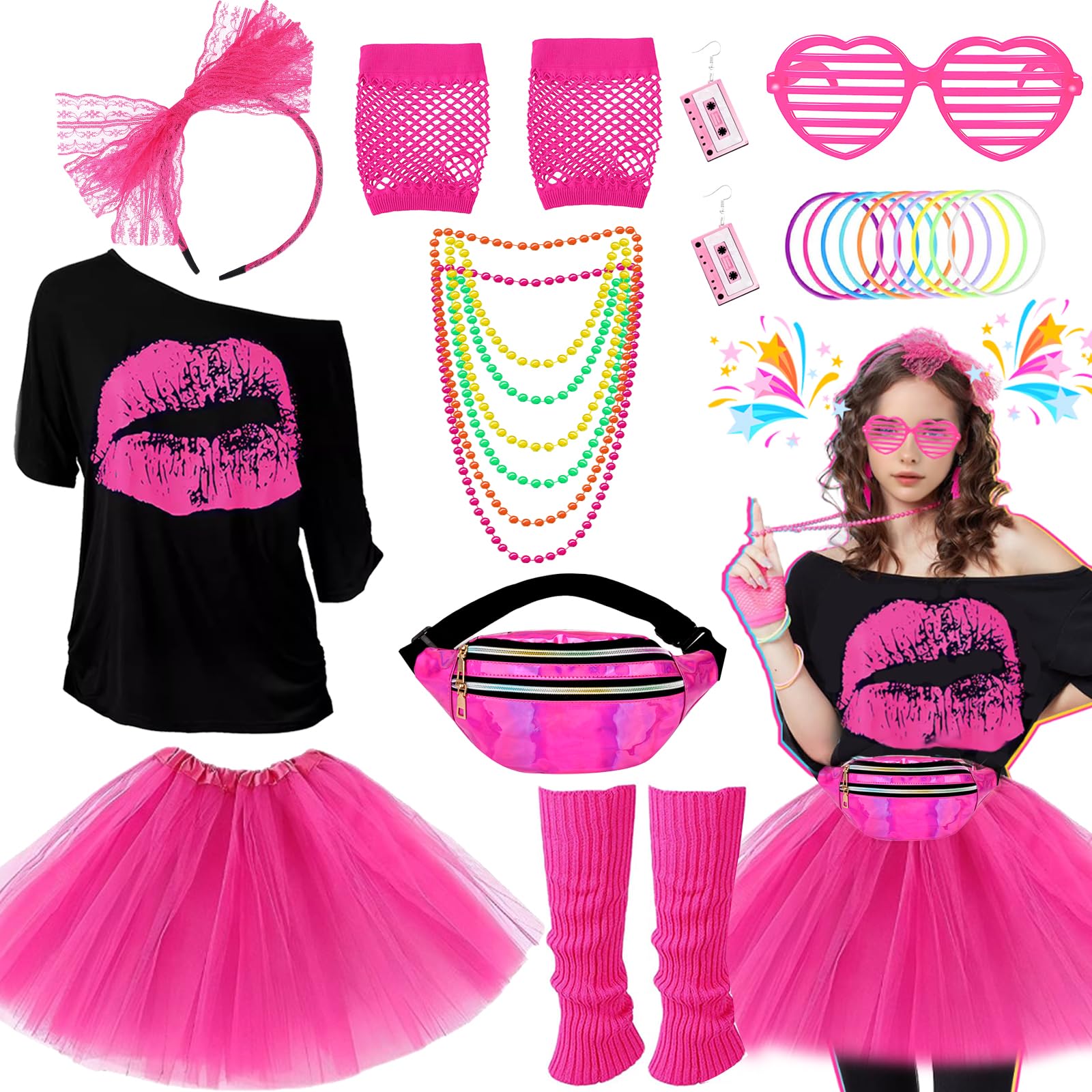 80s Fancy Dress Accessories for Women, Including T-Shirt Tutu Skirt Bumbag Leg Warmers Gloves Glasses Headband Earrings Necklace Bracelets 1980s Costume Outfits for Ladies Girls Hen Party
