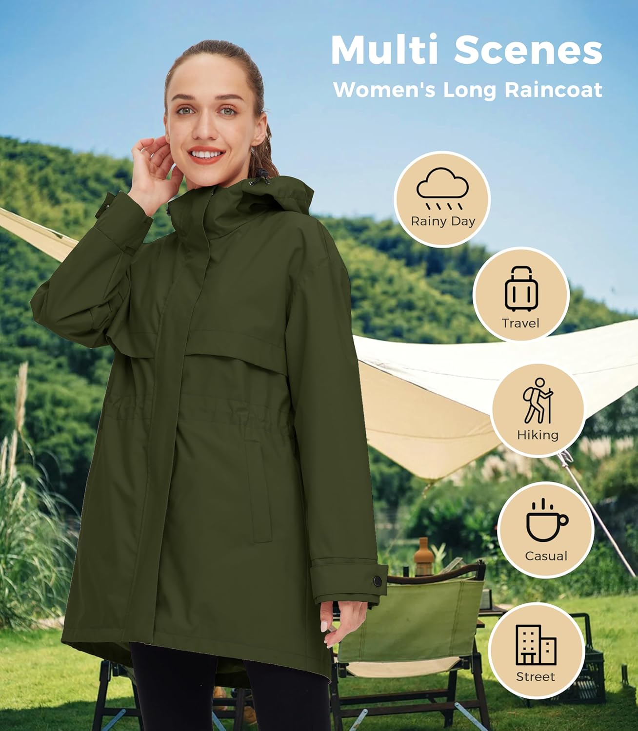wantdo Women's Lightweight Rain Jackets Waterproof Long Raincoats with Hood Trench Coats Windbreaker - Image 6