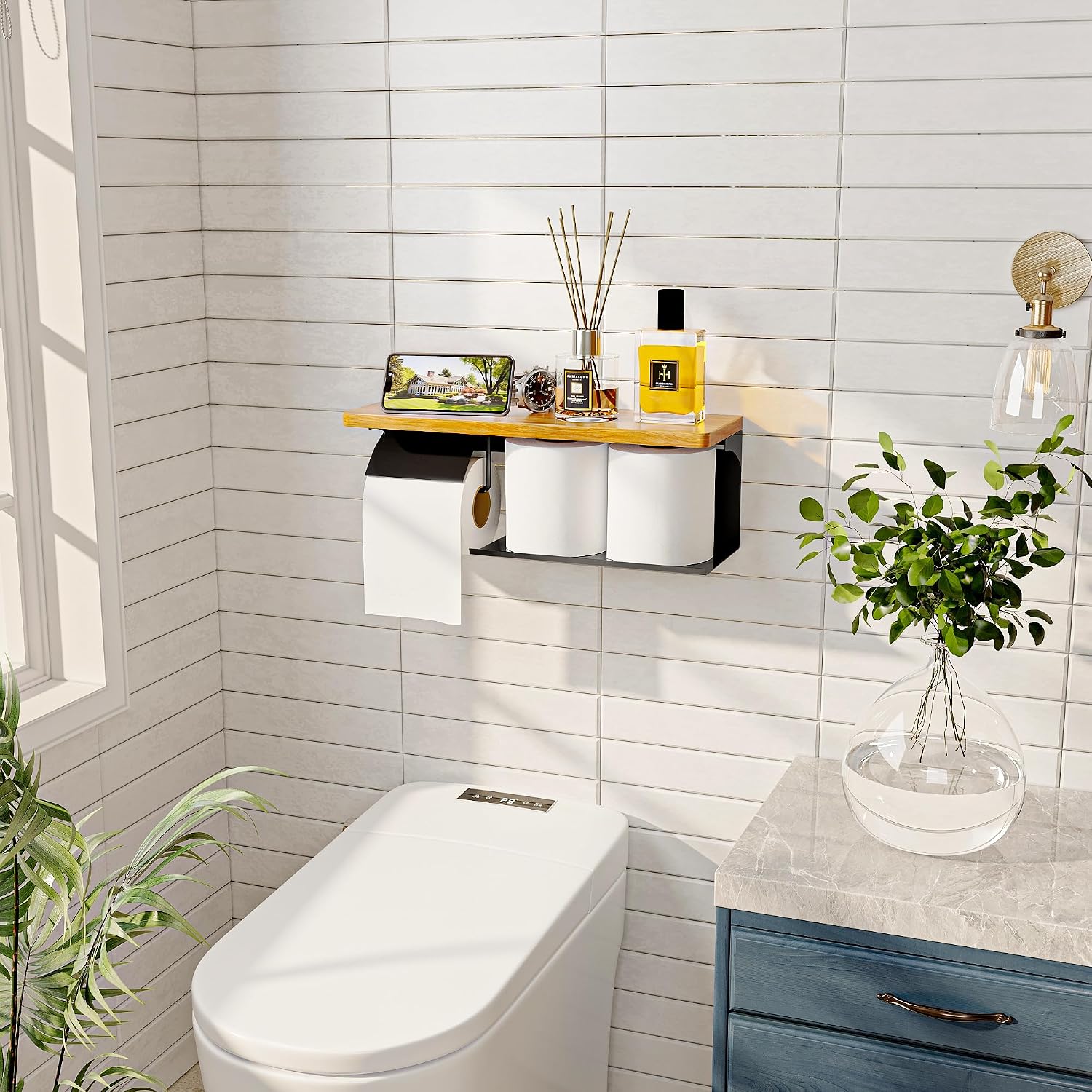 Double Toilet Paper Holder with Wood Shelf, Matte Black |16" x 5.31" image 4