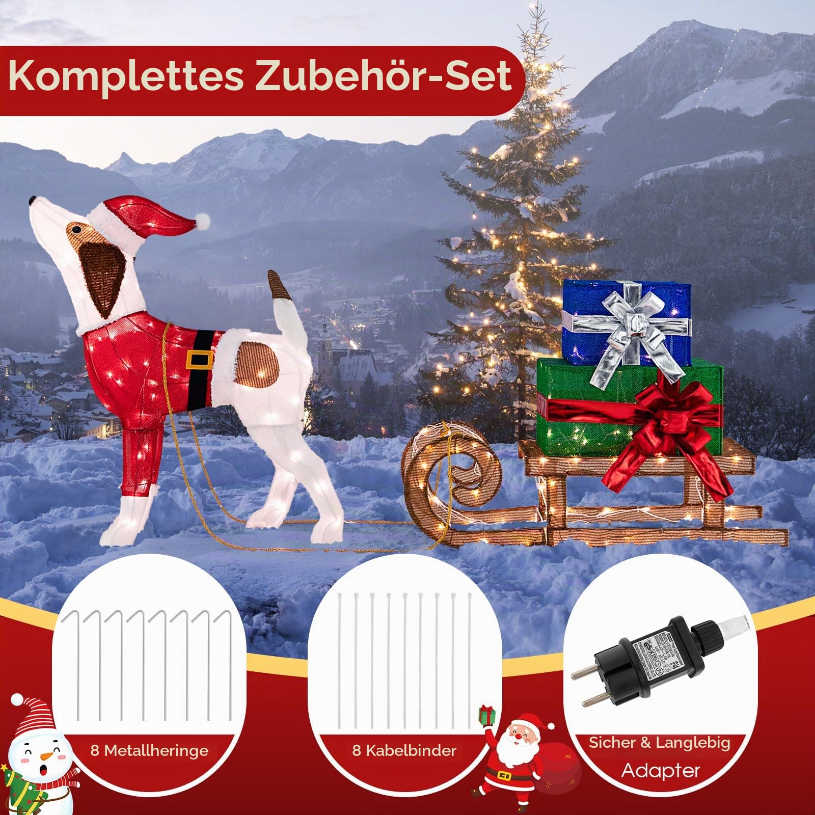 FANTASK Hundeschlitten und Geschenkbox mit 170 warmen LED-Lichtern, Weihnachtsdeko Hund mit Schlitten, Weihnachtsdekoration für außen und innen