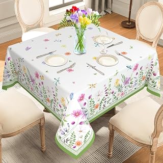 Spring Summer Floral Tablecloth Square 70 x 70 Inch, Flower Square Tablecloths Stain Resistant Wrinkle Free Wildflower Table Cloth for Dinner Party Picnic Decor