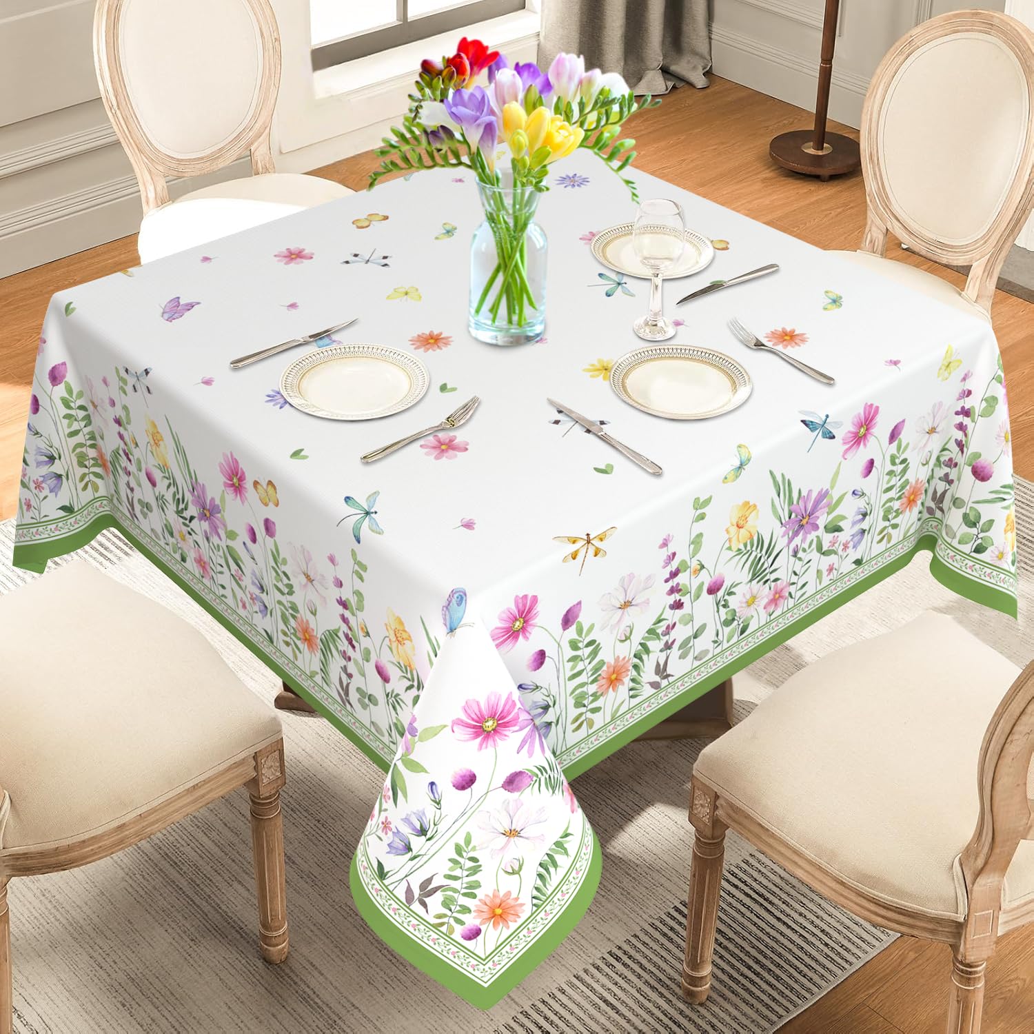 ZORKET Spring Summer Floral Tablecloth Square 60x60 Inch, Flower Square Tablecloths Stain Resistant Wrinkle Free Wildflower Table Cloth for Dinner Party Picnic Decor