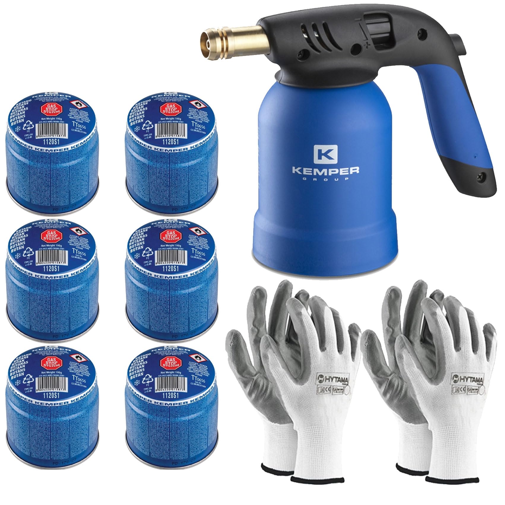 Kemper - Lámpara para soldar + 6 bombonas de gas butano seguro + 2 guantes de regalo | Soplete de encendido profesional para bricolaje, barbacoa, deshierba, soldaduras ligeras