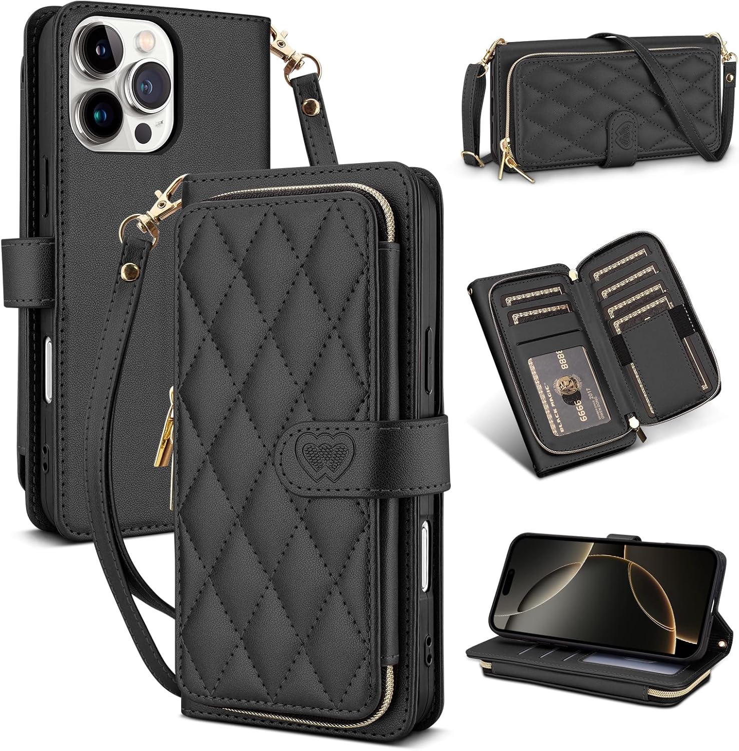 for iPhone16 PRO MAX Wallet Case with Crossbody and Wrist Strap for Women Girls,Fashion PU Leather RFID Blocking Kickstand Flip Folio Phone Cover with Card Holder and Zipper Black