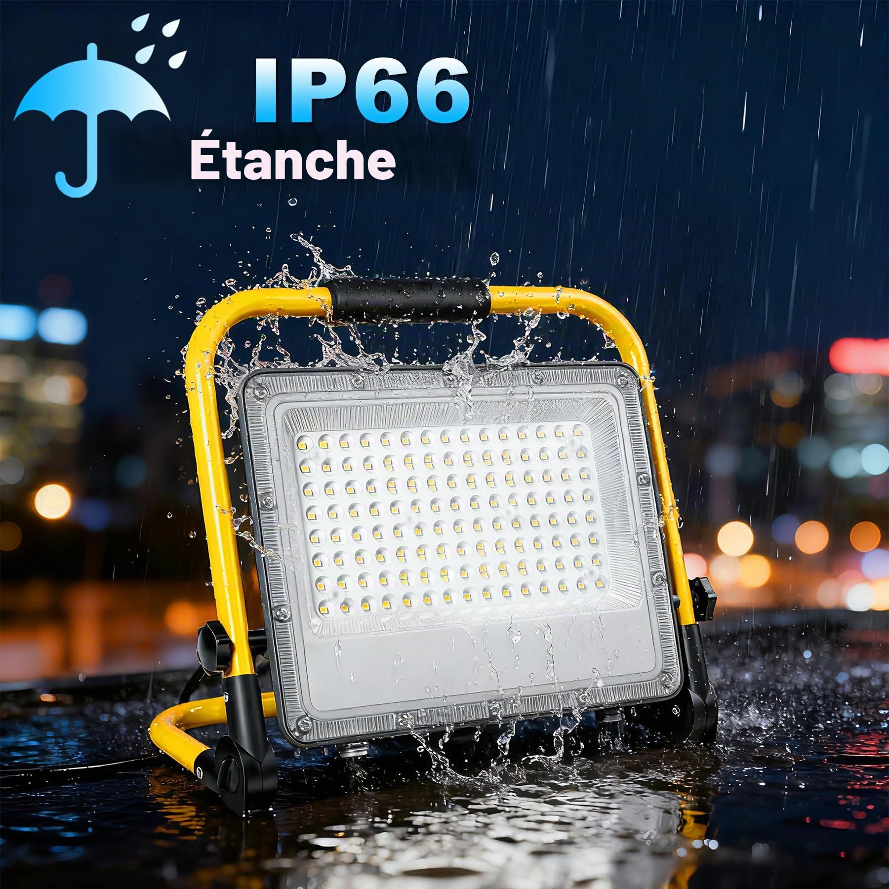 Projecteur de Travail LED 150W 15000LM 6500K Blanc Froid IP66 Étanche avec Support Câble 2m – Chantier, Rénovation Maison, Éclairage Placo