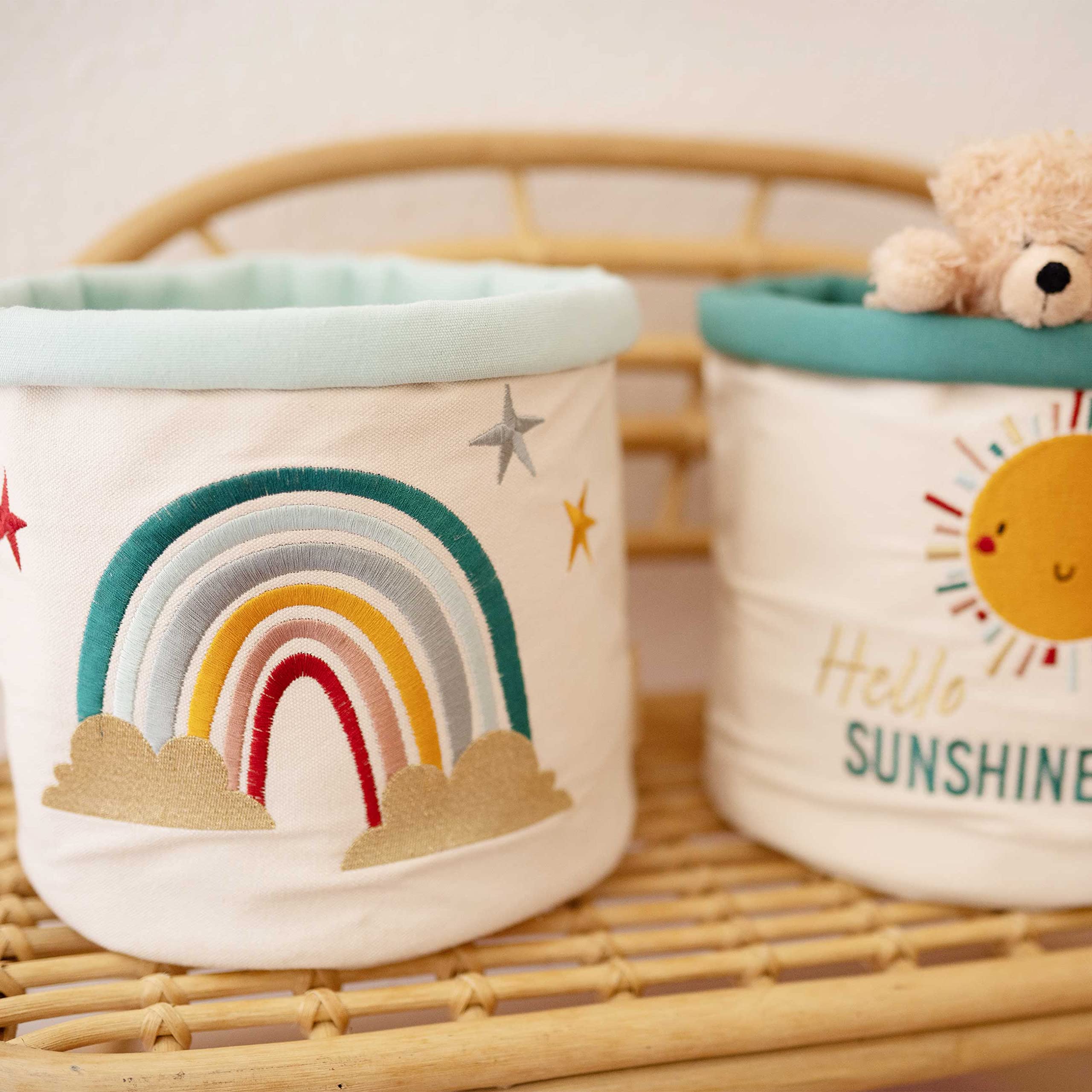Papierdrachen Tissu Utensilo | Motif arc-en-ciel | Rangement pour jouets - Décoration chambre enfant | Panier à jouets - Panier en toile 21 cm - Set 1