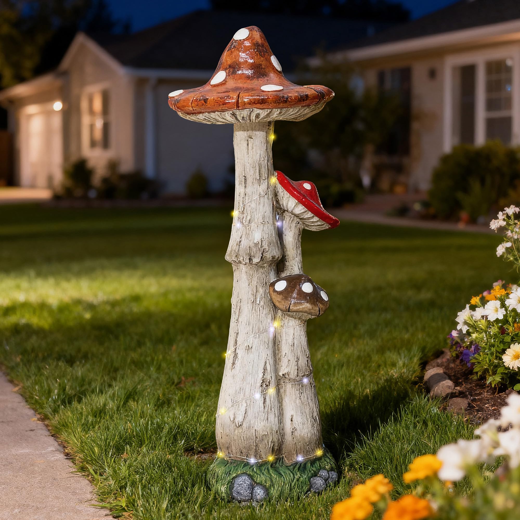 Hometopia 80cm Solar Gartenskulptur Pilz mit LED-Lichterkette – Wetterfeste Gartenfigur aus MGO – Große Pilz-Deko für Garten, Vorgarten & Terrasse Mama Oma