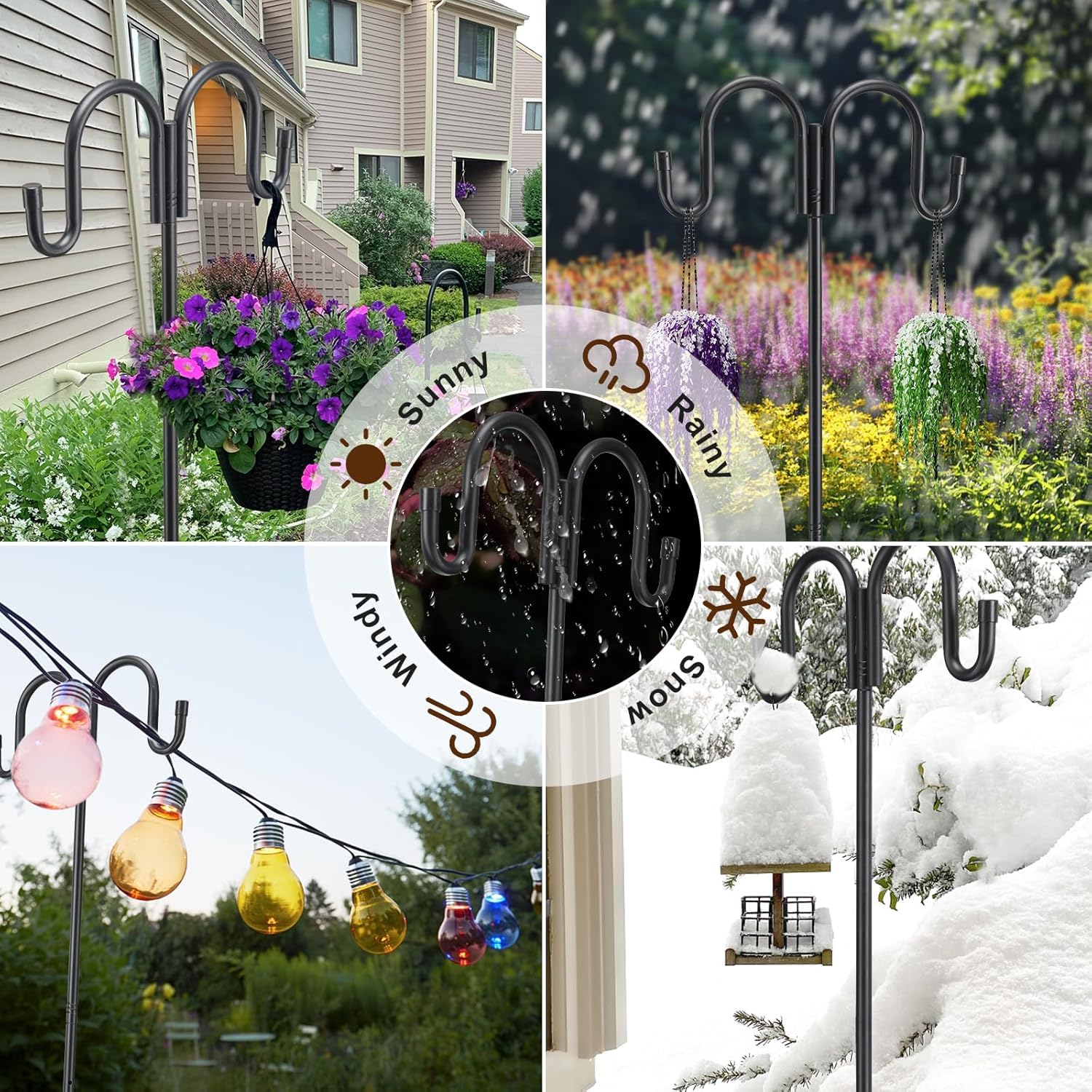Garden Schäferhaken, 170cm Heavy Duty Garten Doppelhaken Mit 5 Prong Rust Resistant Base Shepherds Crook Hook, Vogelfutterspender Stange für Pflanzenkörben, Laternen/Mattschwarz