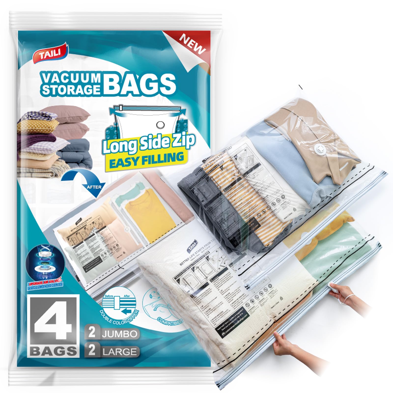 TAILI Vacuum Storage Bags 4 Pack, LONG SIDE ZIP (2 Large+2 Jumbo), Multi-Size Vacuum Seal Bags for Clothing, Storage Bulky Beddings, Blankets and Clothes, Space Saver for Closet Organization