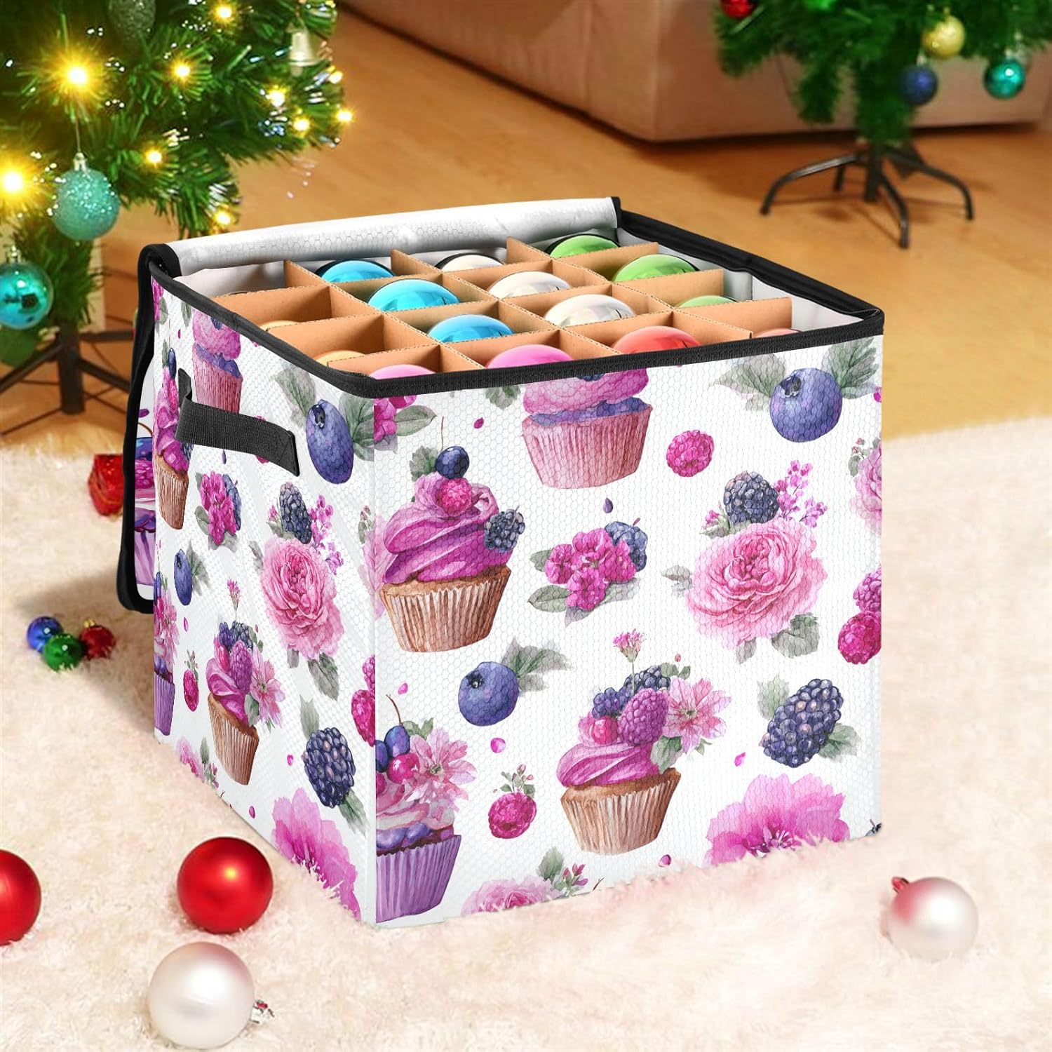 OTVEE Christmas Ornament Storage Box Holiday Decoration Organizer Stores upto 64 Holiday Ornaments Adjustable Dividers Tear-Proof Fabric Sweet Berry Floral Decor