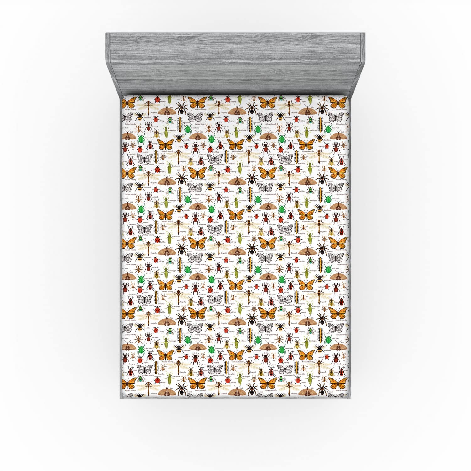 Ambesonne Science 2 Pack Fitted Sheet, Wild Forest Insects, Bed Cover All-Round Elastic Deep Pockets 2 Pieces, Package Contains 2 California King Fitted Sheets, White Multicolor