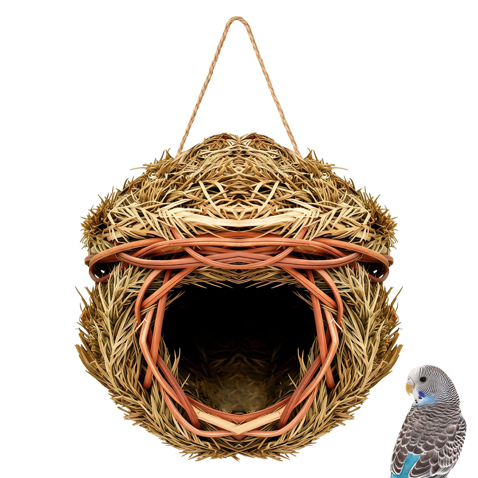 MEISH Bird House Handmade Bird Nester Hand Woven Roosting Pouches Hanging Hatching Cave Grass Wicker Birdcage Accessory for Hummingbird Patio Tree Garden,14 * 14 * 14cm