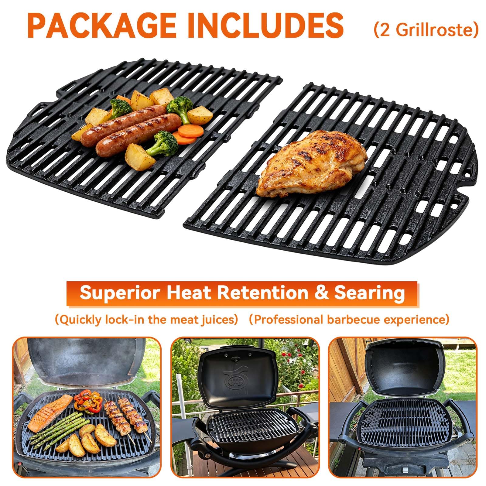 7645 - Griglia in ghisa per Weber Q200, Q220, Q260, Q2000, Q2200, Q2400 | Griglia per barbecue Weber Baby-Q serie 200 65811, 27,3 x 38,8 cm, con rivestimento antiaderente su misura, 2 pezzi