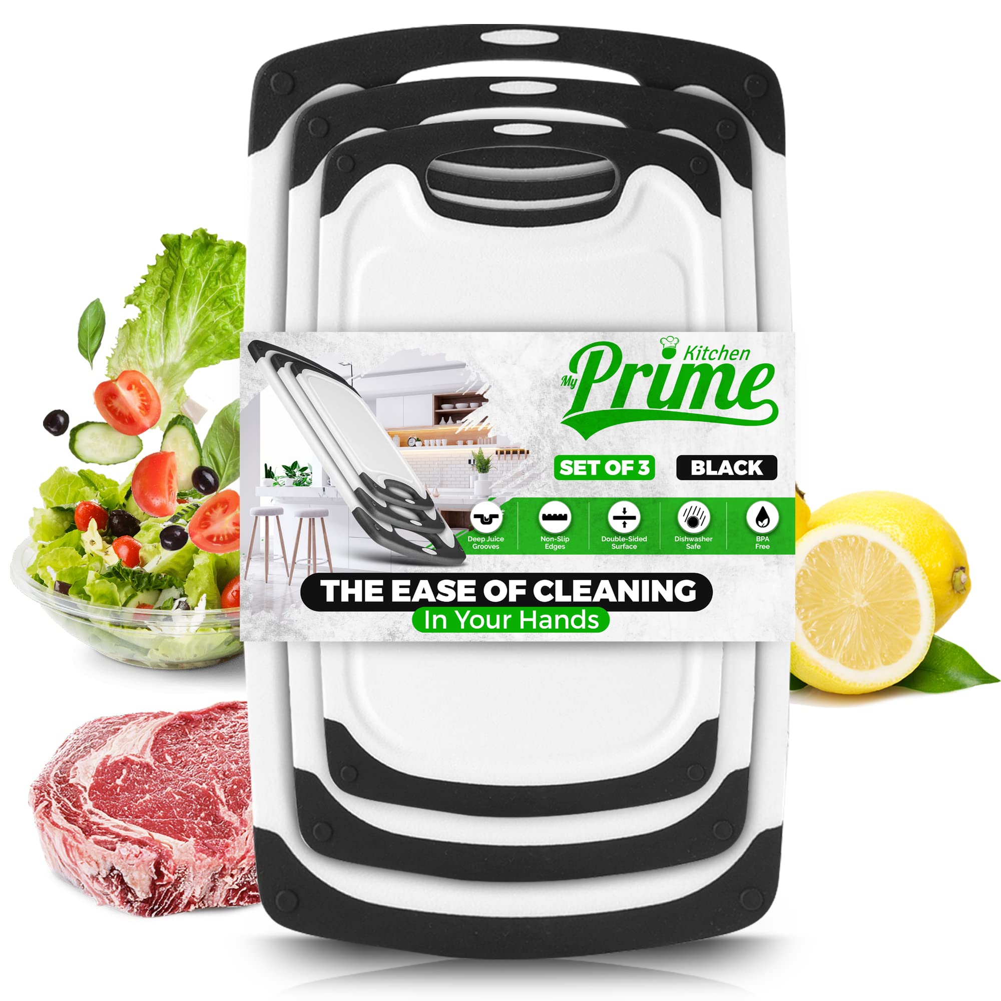 Plastic Cutting Boards for Kitchen, with Grips, Set of 3 by My Prime Kitchen