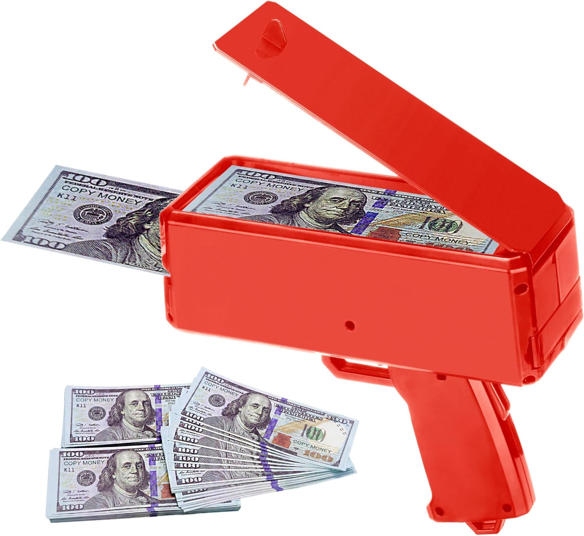 SKEIDO Money Gun Paper Playing Spary Money Toy Gun, Prop Money Gun with 100 Pcs Play Money Cash Gun Party Supplies Money Gun, multicoloured -Red