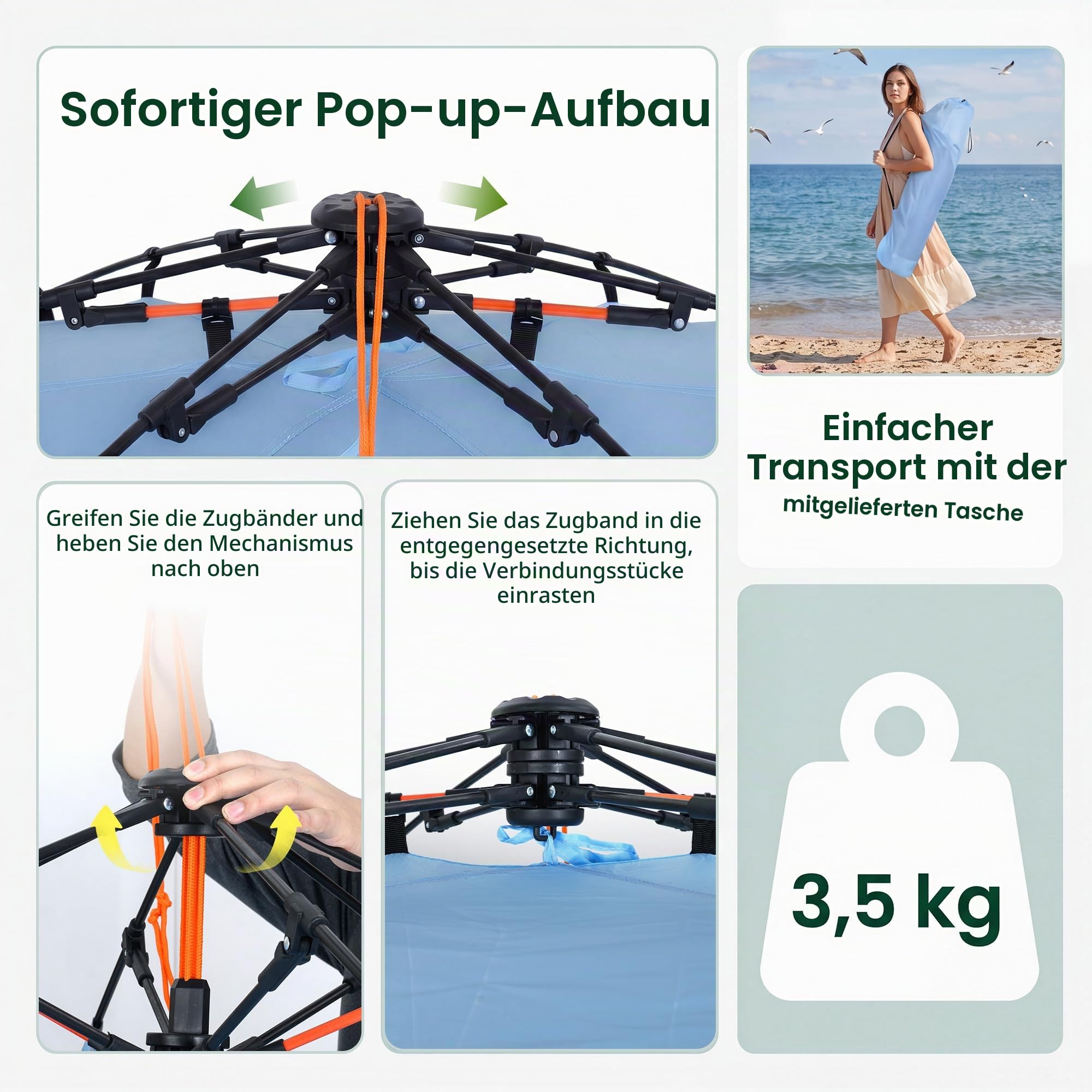 HOMASIS Pop-up Strandmuschel XXL, wetterfestes Strandzelt für 3-4 Personen mit erweiterbarem Boden, Mesh-Fenstern & Tragetasche, UV-Schutz 50+, tragbares Sonnenzelt für Strand, Camping & Hinterhof
