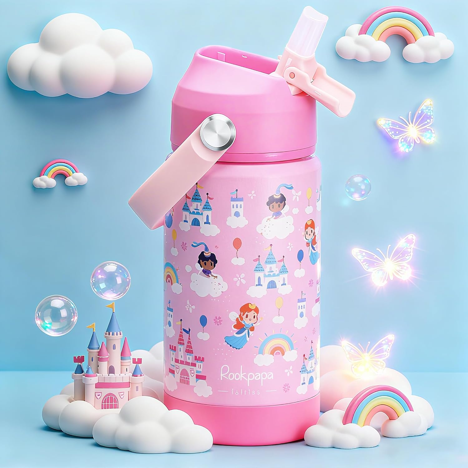 rockpapa 14 oz Kids Insulated Water Bottle,Stainless Steel Toddler Cups with Straws, BPA Free, Leak-Proof, Kids Water Bottle for School Boys& Girls (Pink Fairies) - Image 2