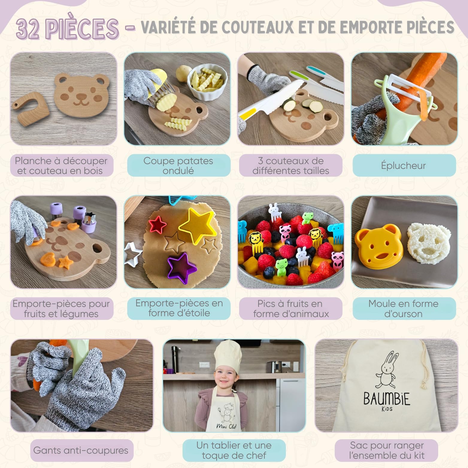 Kit Couteau sécurité de Cuisine pour Enfants - 32 Pièces, Dès 3 Ans avec Tablier et Toque - Couteau Montessori pour couper des fruits ou légumes et qui ne coupe pas les doigts