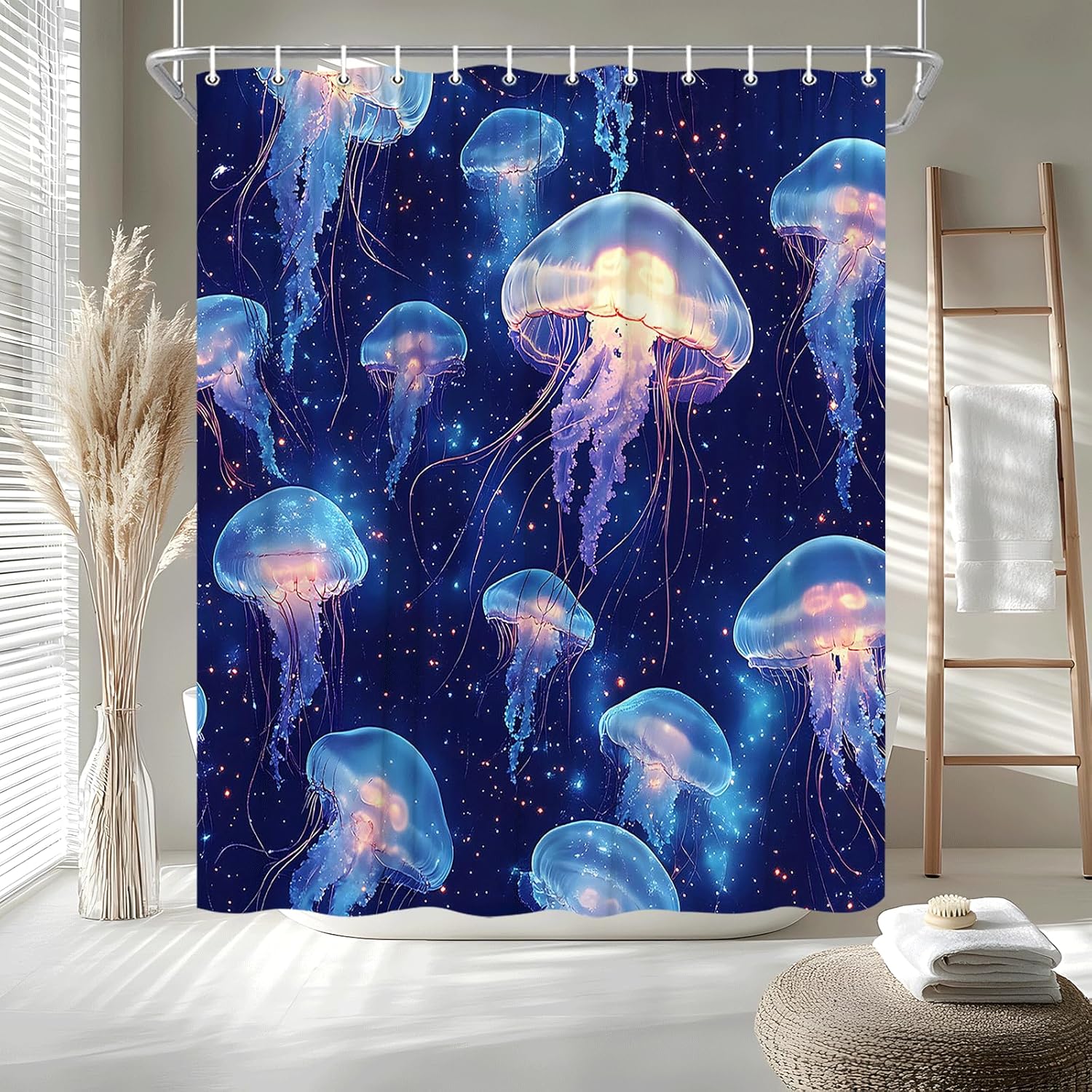 Jellyfish Shower Curtain Fantasy Ocean Animal Nautical Underwater World Marine Life Dreamy Blue Sea Bath Curtain Fabric Bathroom Accessories Decor with Hooks 70W x90L