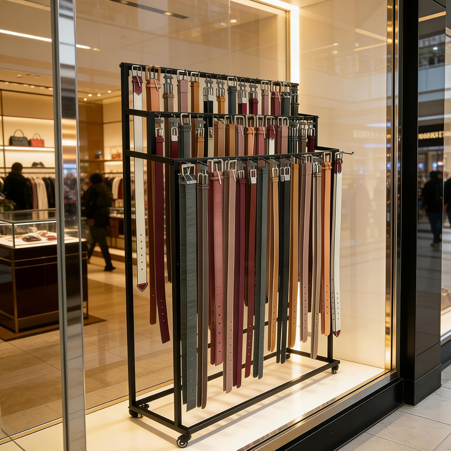 Belt Rack, 3-Tier Belt Organizer with 42 Hooks & Wheels, Tie Rack & Bag Rack for Retail Display, Multi-Layer Belt Hanger & Tie Hanger for Store (Black)