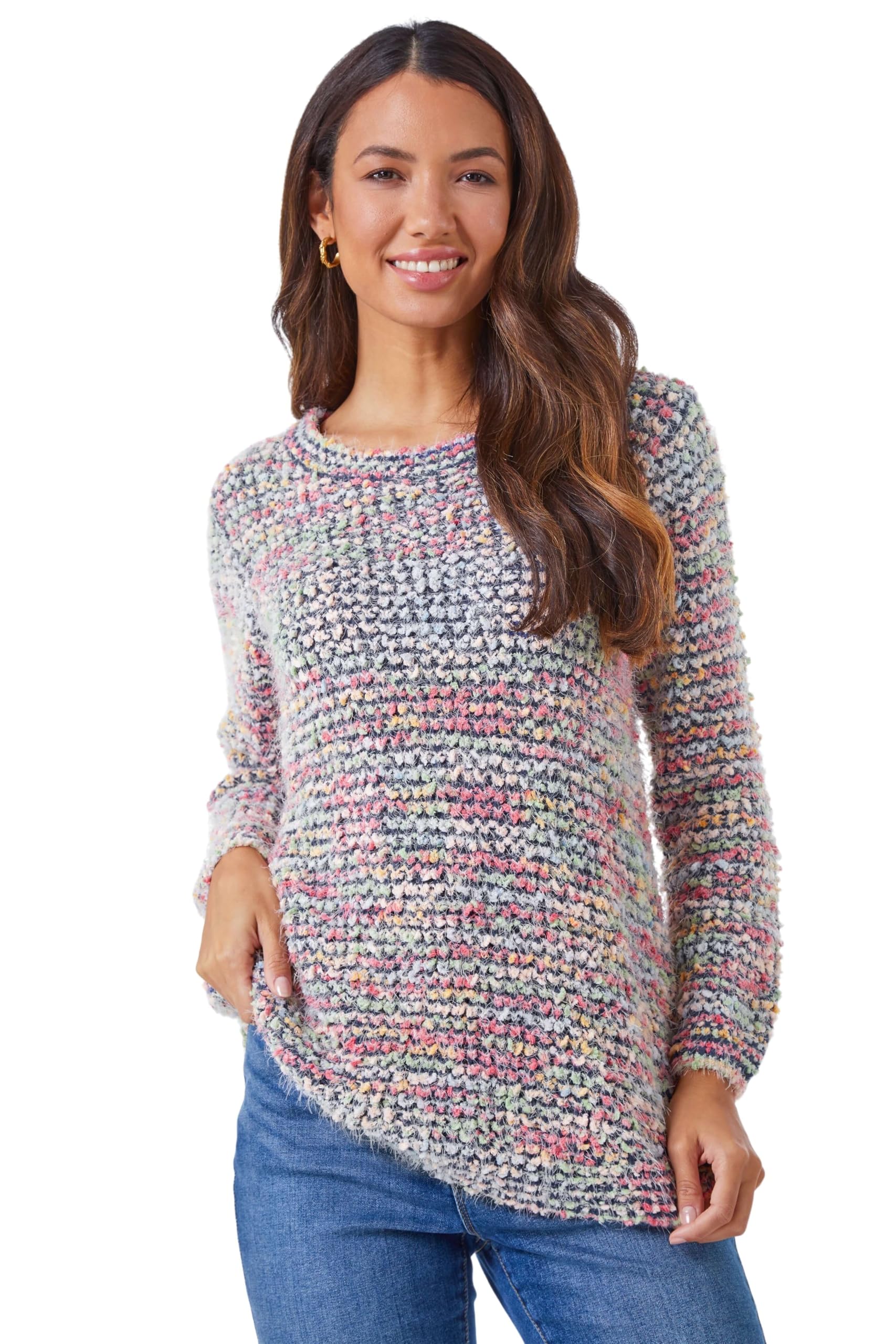 Roman Originals Fluffy Yarn Jumper for Women UK Ladies Thick Sweater Warm Cosy Chunky Knitted Pullover Winter Furry Casual Smart Textured Everyday Cuddly Comfy Soft Knitwear - Blue - Size 14
