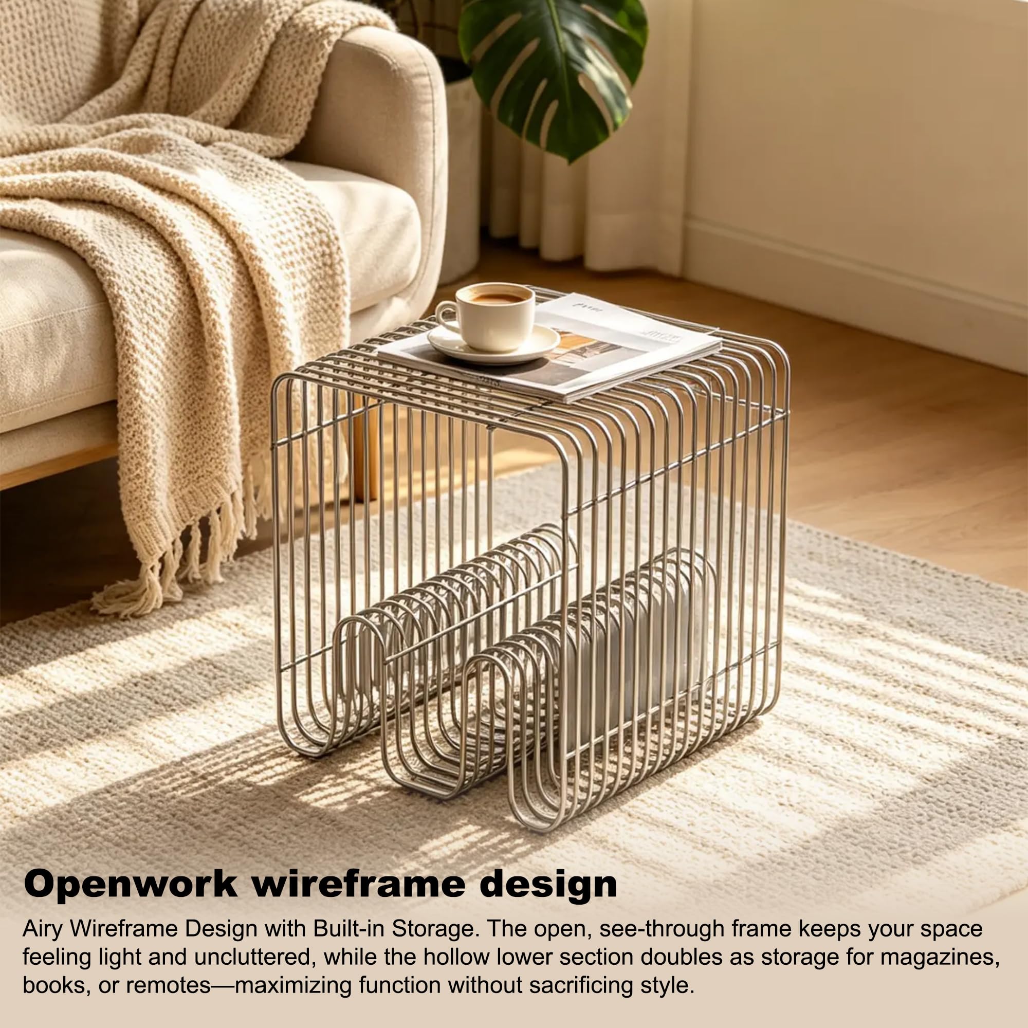 Retro Side Table, Accent Bedside Table for Living Room, Stainless Steel Linear Metal Small End Table, Iron Multi-Purpose Desktop Shelf