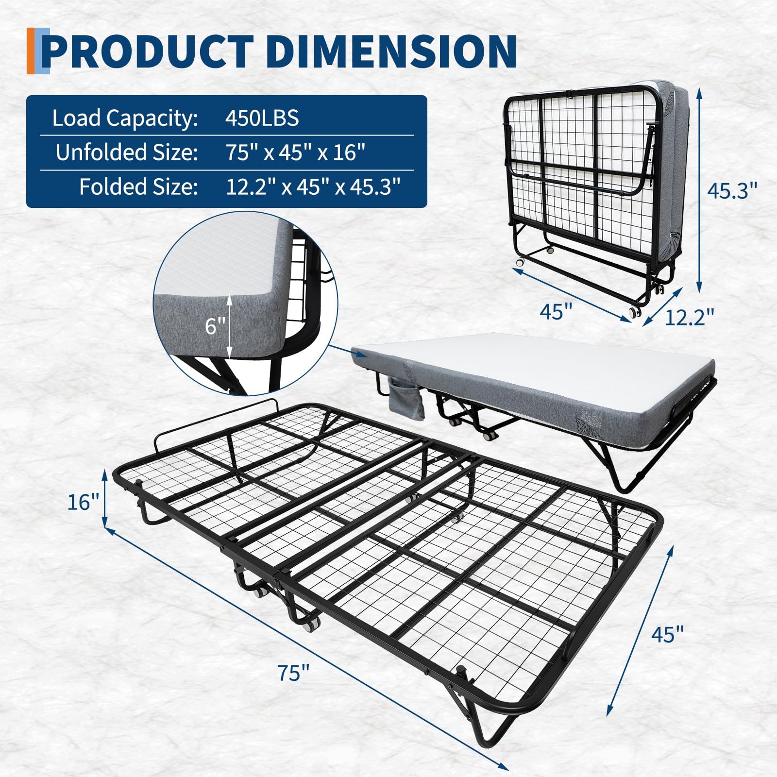 Garvee Feldbett mit Matratze Klappbar 190x114cm Gästebett Erwachsene | 15 cm Memory-Schaum-Matratze, Stahlrahmen 204 kg, 4 Rollen, faltbar und platzsparend, für Gäste, Camping, Büro, Wohnmobil