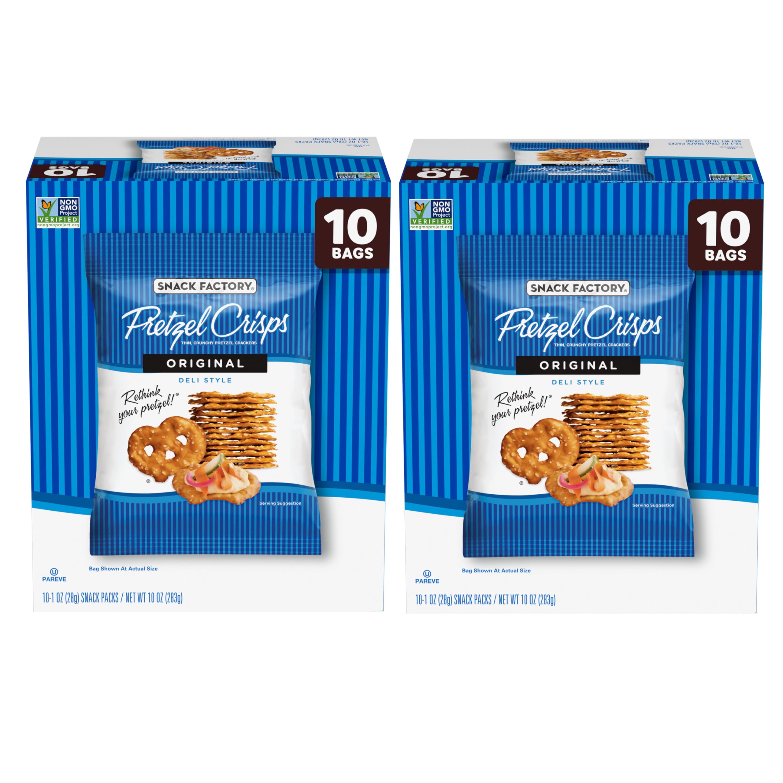 Snack Factory Pretzel Crisps, Original, 1 Oz Snack Bags, 10 Ct (Pack of 2)