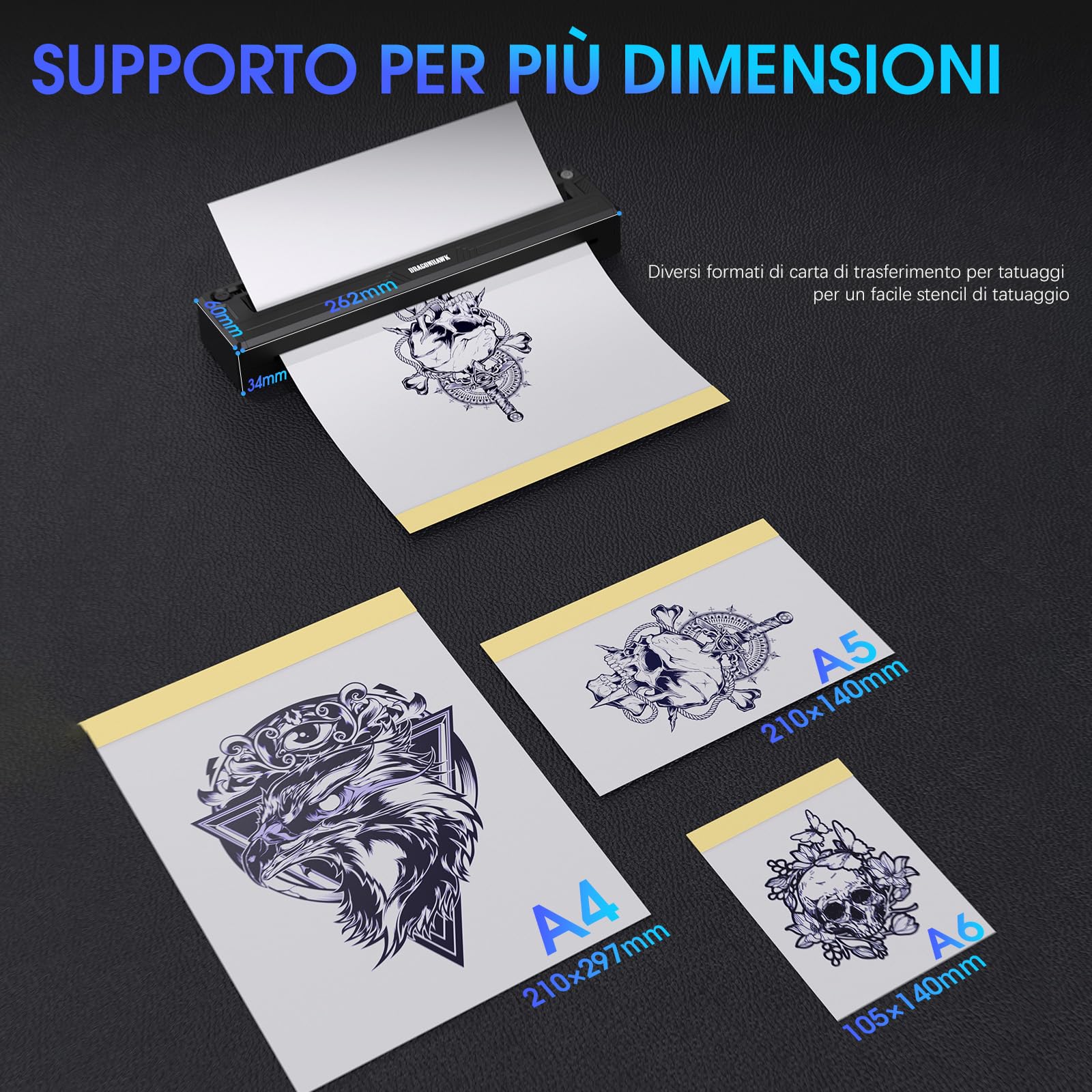 Dragonhawk A4 Stampante Termica Per Trasferelli Tatuaggi Senza Fili Portatile Compatibile Con Telefono Tablet PC Accessori Per Tatuatori Principianti e Professionisti