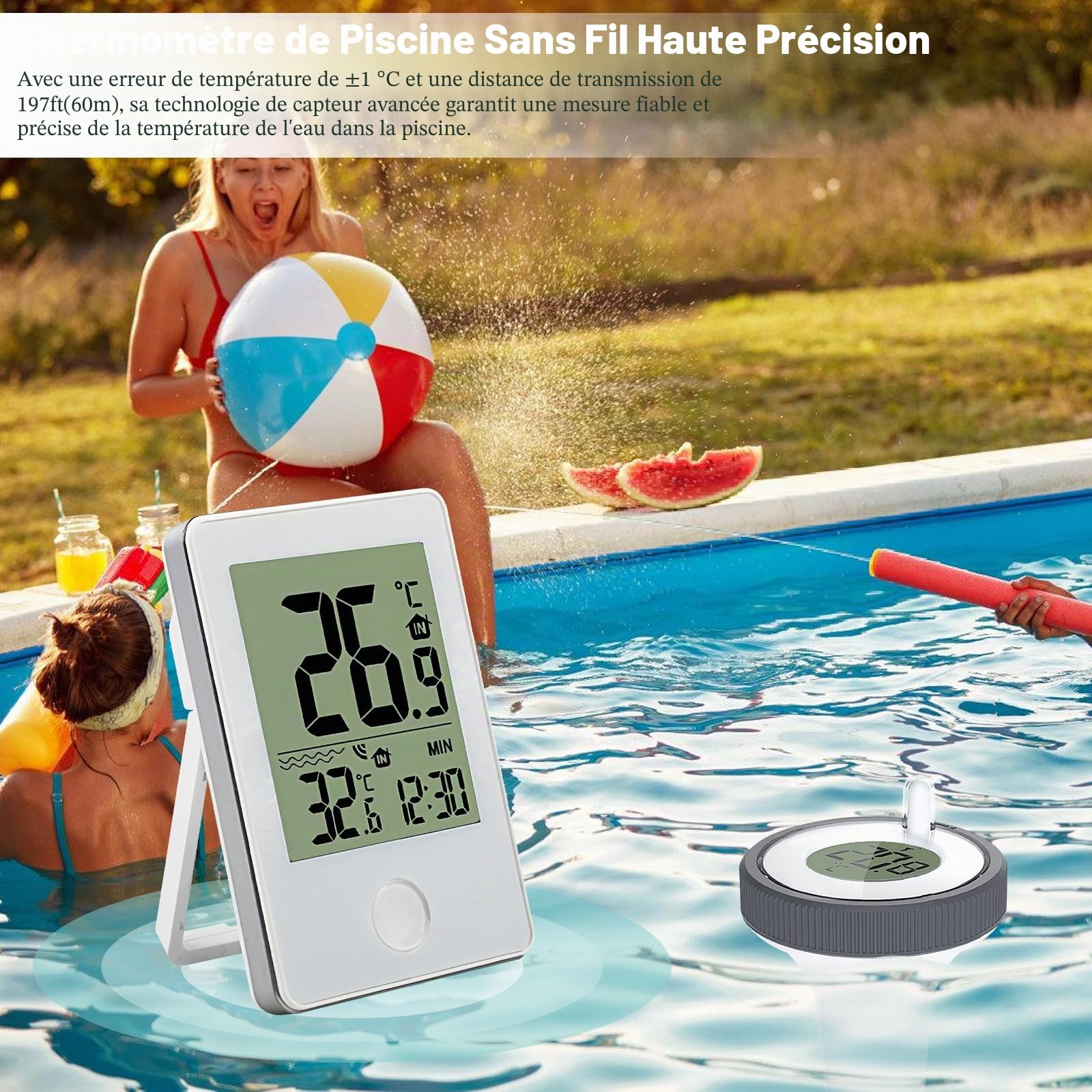 Thermomètre de piscine numérique - Thermomètre flottant sans fil - Étanche IP67 - Pour aquarium, piscine, étang, étang à poissons